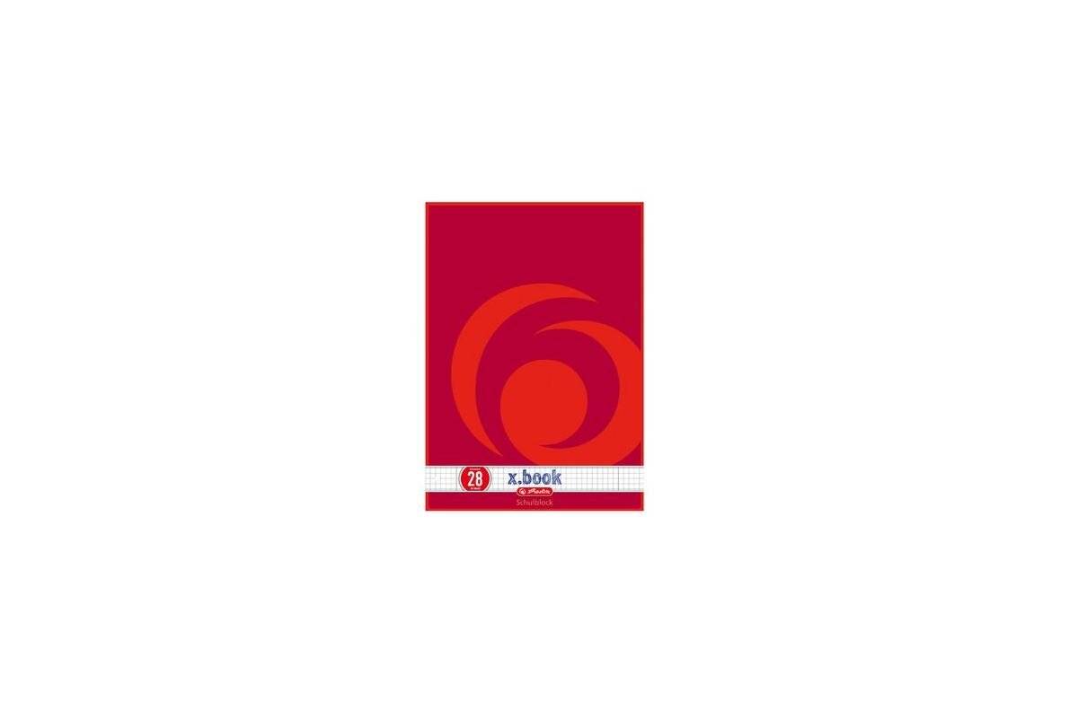 Rotes x.book Notizbuch-Cover mit abstraktem orangefarbigem Kreislogo und kleinem „28