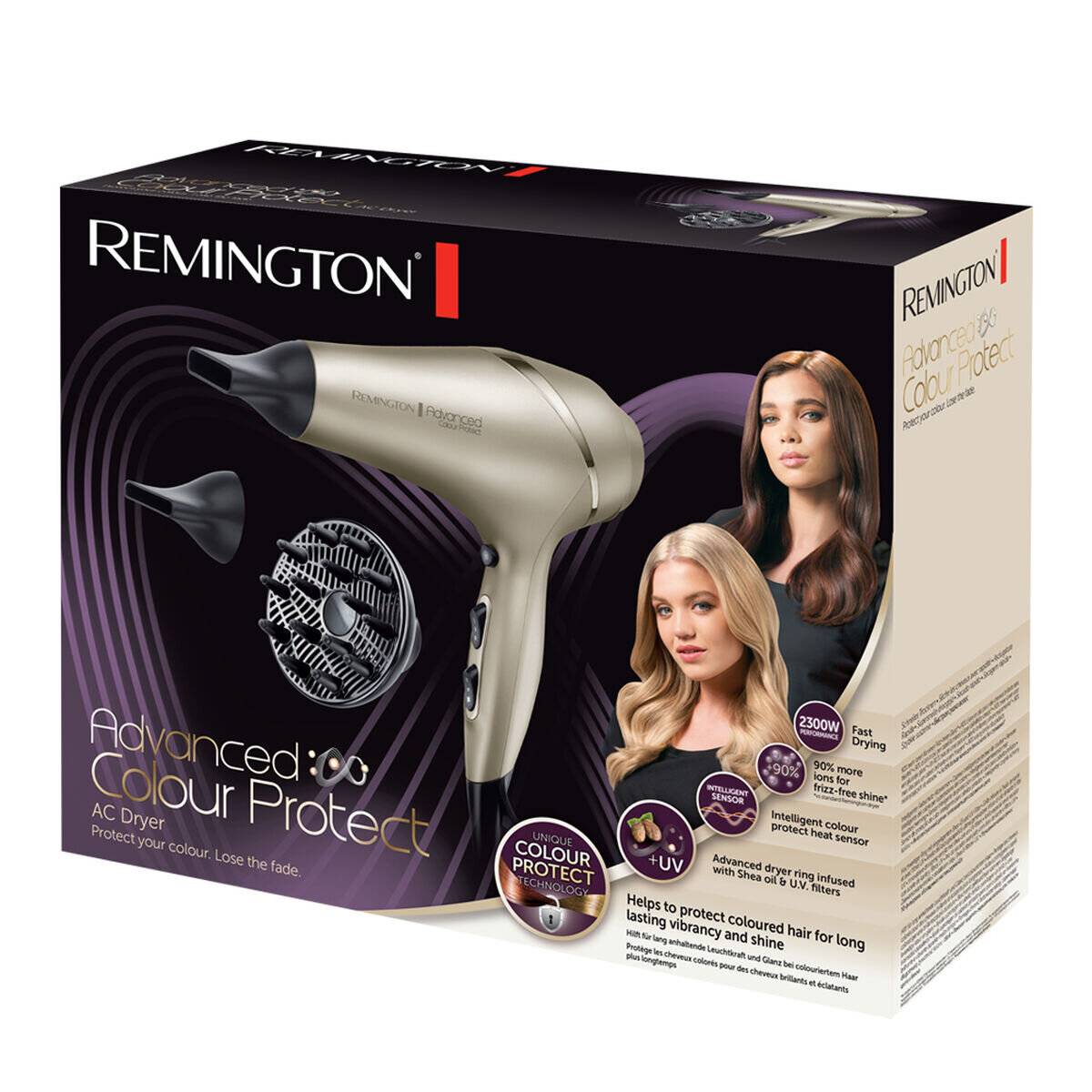 Remington Advanced Colour Protect AC Haartrockner-Verpackung, zeigt den Haartrockner, Aufsätze und Modellfotos, mit Produktaussagen zum Schutz der Haarfarbe und schnellem Trocknen.