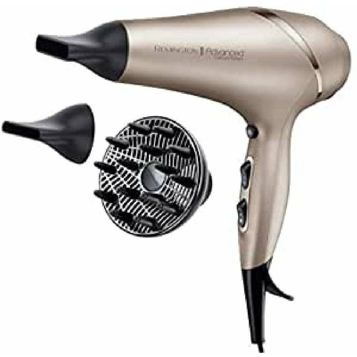 Beige-farbner Haartrockner mit zwei schwarzen Düsenaufsätzen und einem Diffusor-Aufsatz auf weißem Hintergrund.