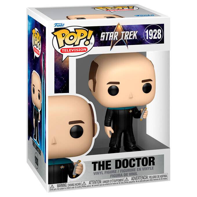 Funko Pop! Star Trek 'Der Doktor' Vinyl-Figur in Box, Nummer 1928, gezeigt in schwarzer Uniform einen kleinen Apparat haltend.