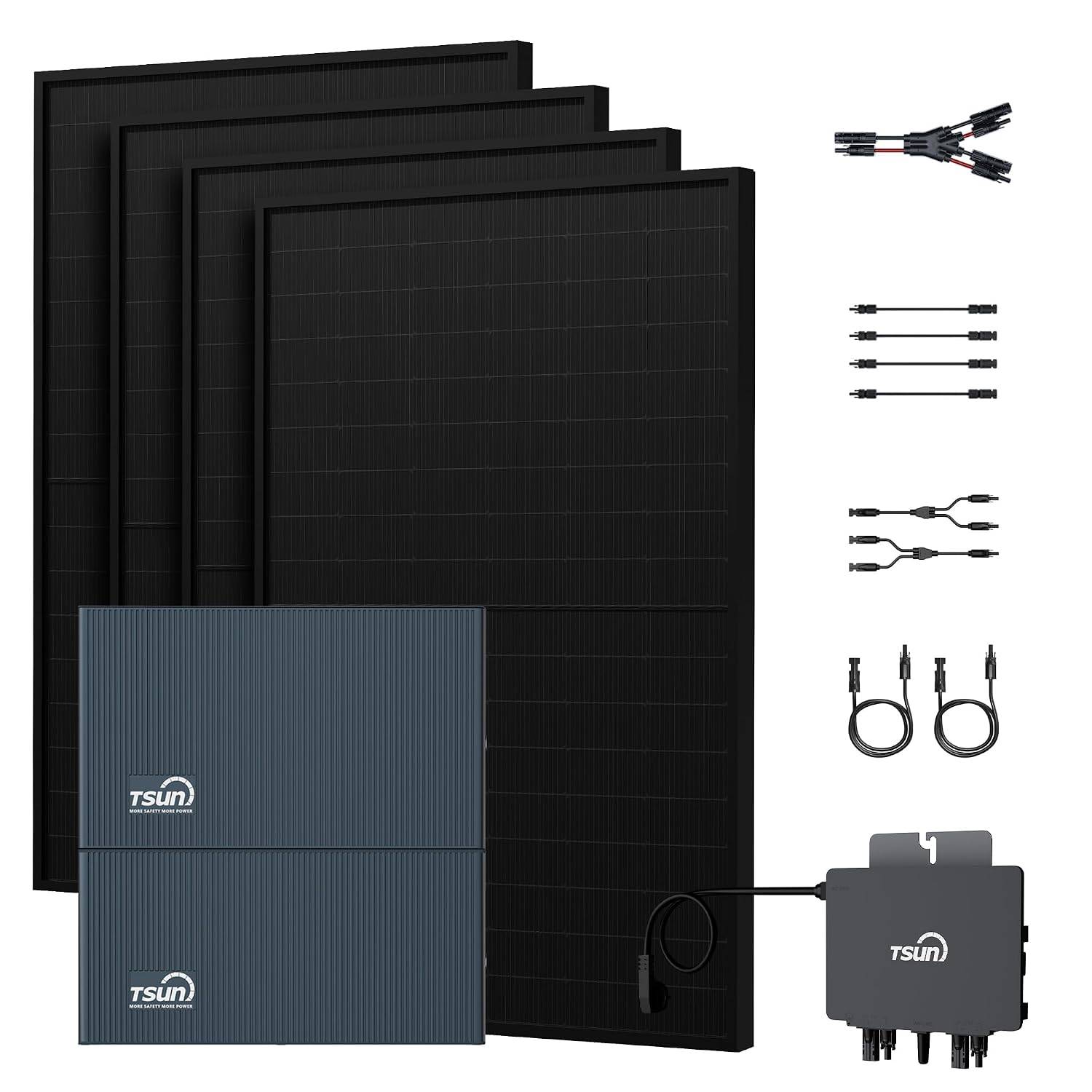 Solarpanel-Set mit vier Paneelen, Anschlussdose und beiliegenden Kabeln und Steckverbindern neben den Paneelen angezeigt.