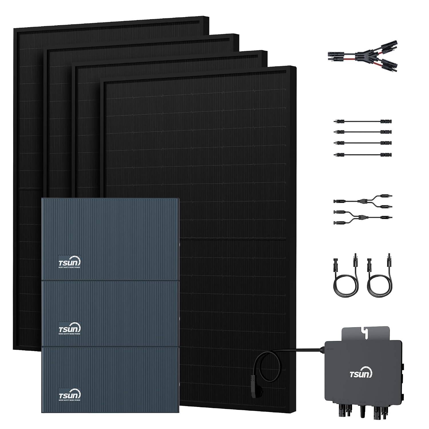 Solarpanelset mit vier großen schwarzen Paneelen, drei blauen TSUN-Mikrowechselrichtern und mitgelieferten Kabeln/Steckverbindern auf weißem Hintergrund.