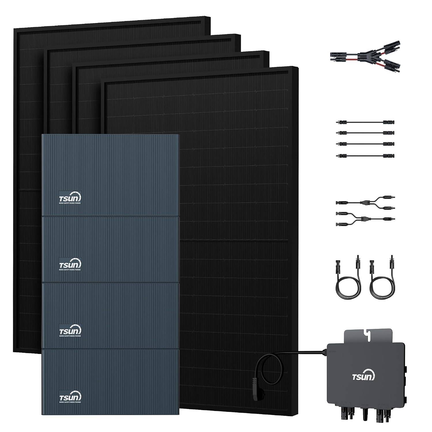 Solarpanel-Set mit vier großen Paneelen, Mikrowechselrichter und mitgelieferten Kabeln/Steckverbindern auf weißem Hintergrund.