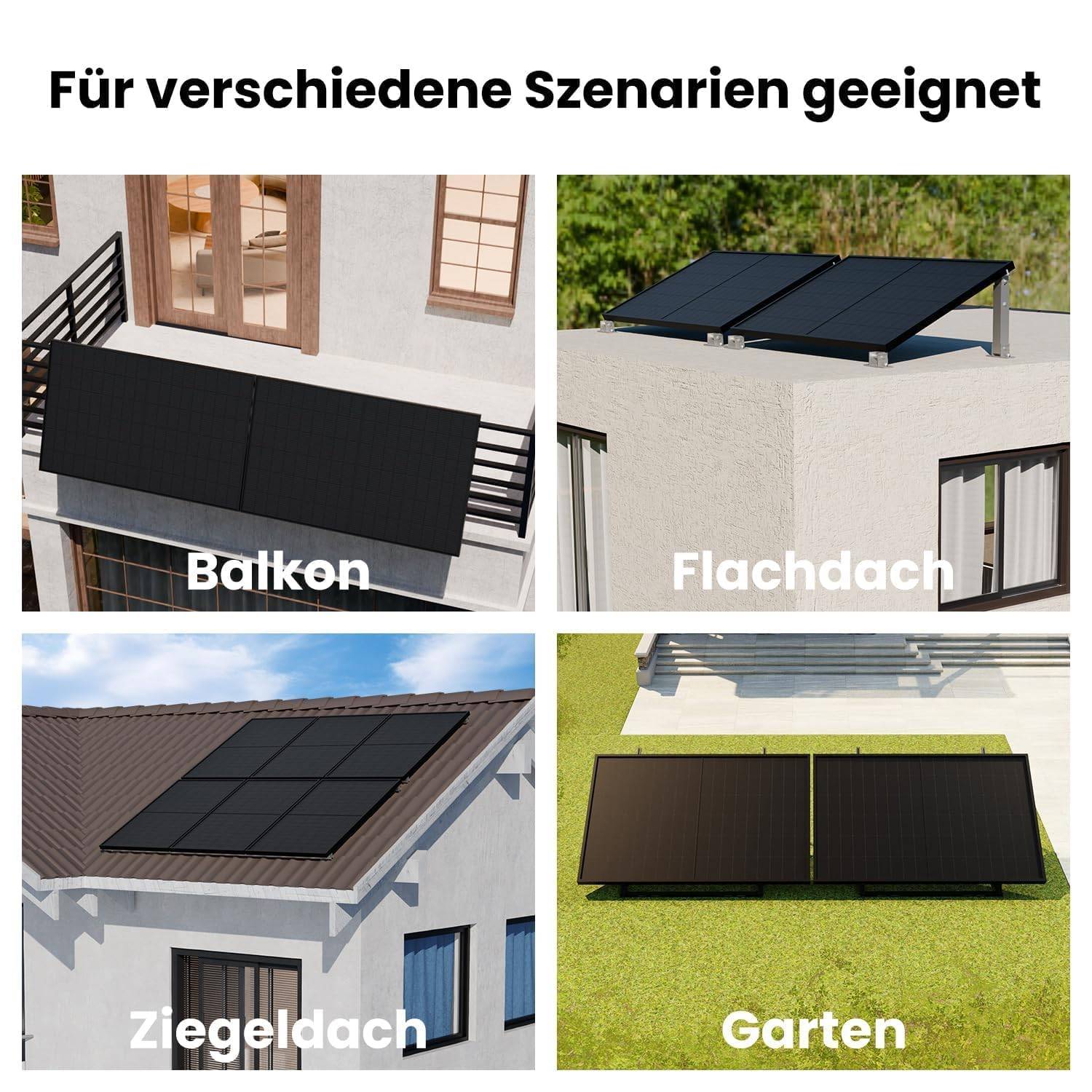Fotocollage mit Solarpanelen geeignet für verschiedene Szenarien: Balkon, Flachdach, Ziegeldach und Garten unter der Überschrift „Für verschiedene Szenarien geeignet