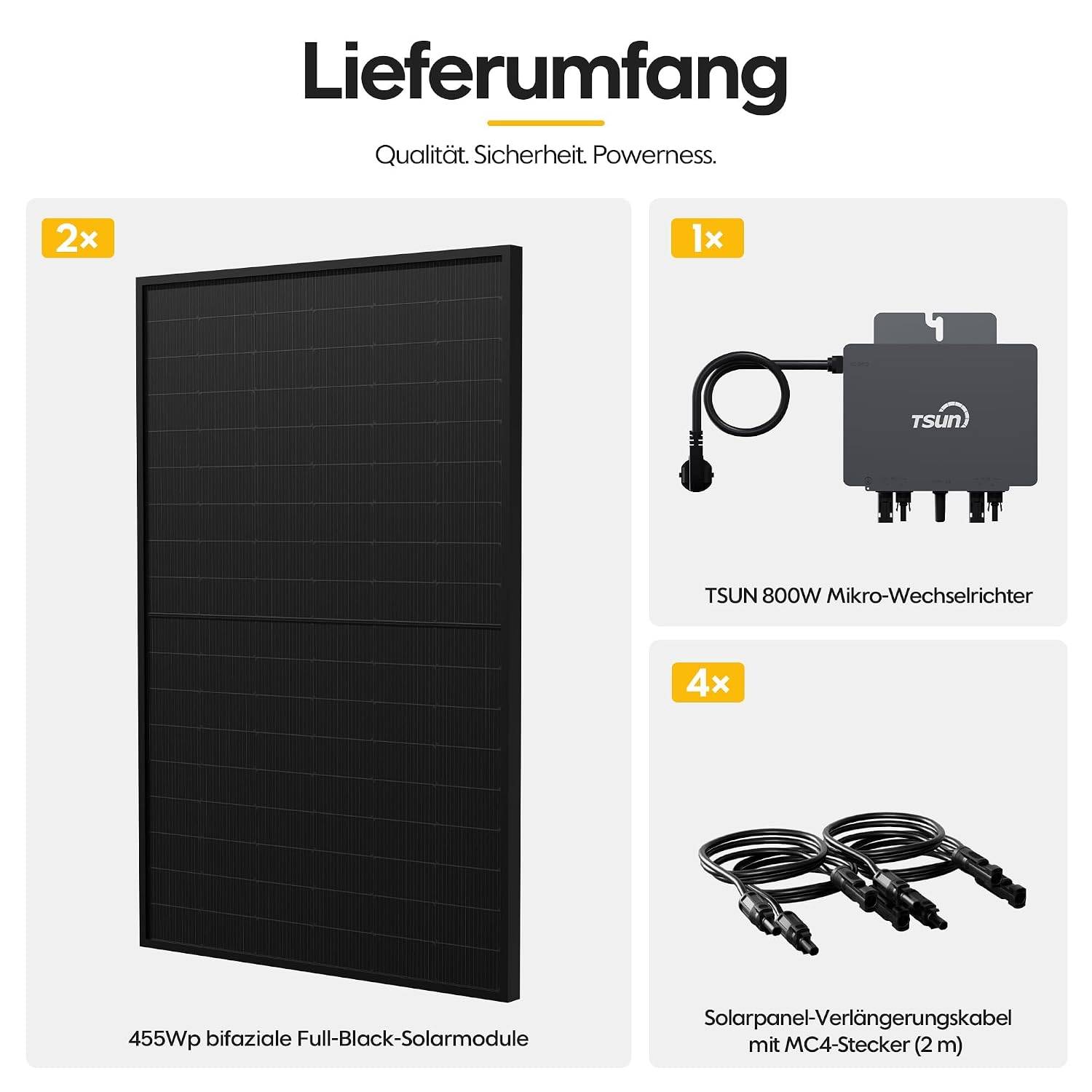 Produktpaketinhalt: 2 Solarpanele, 1 TSUN 800W Mikroinverter und 4 2-Meter-Solarverlängerungskabel mit MC4-Steckern.