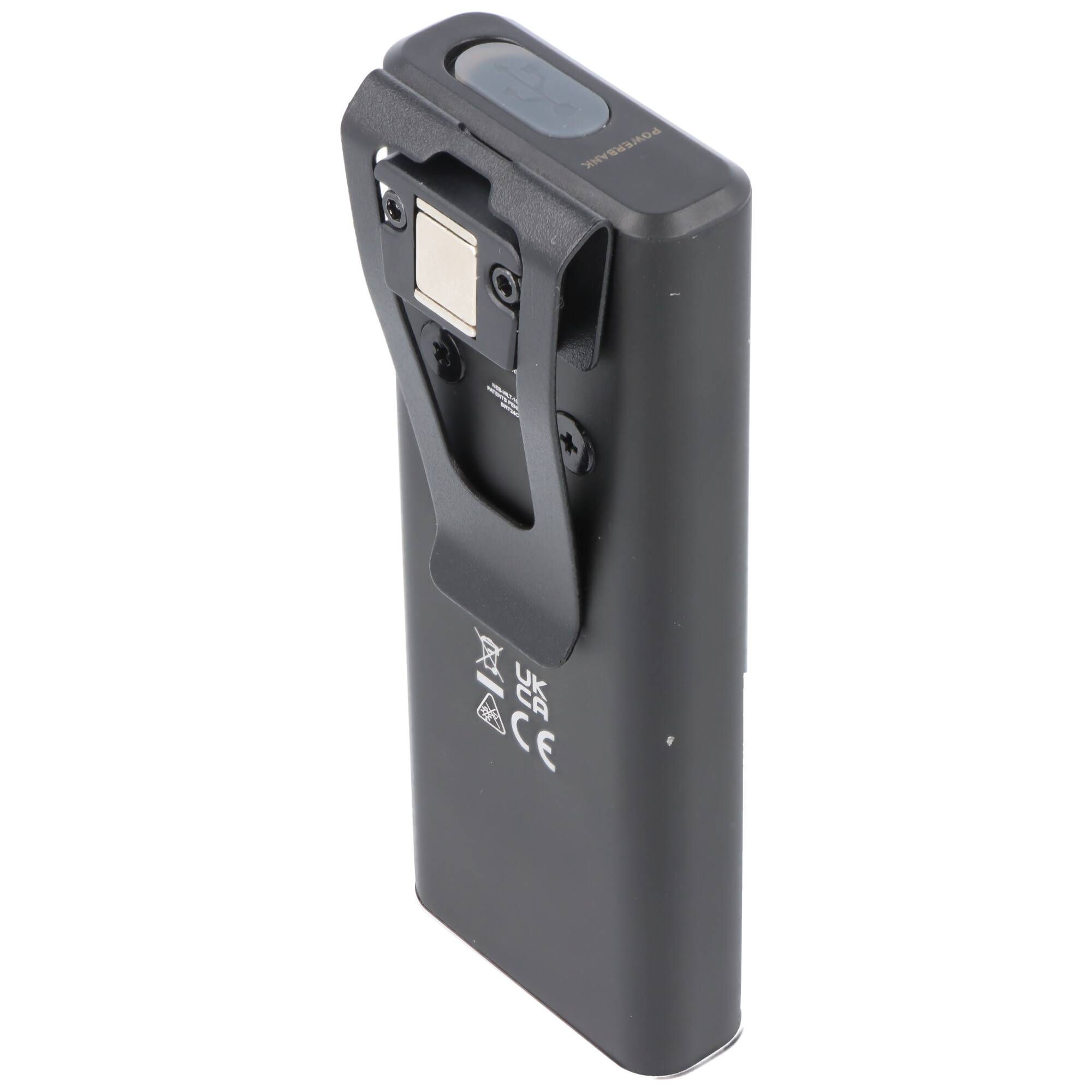 Schwarzes wiederaufladbares Batteriepaket mit Clip und oberer Stromschalter, dargestellt in produktgestylter isolierter Ansicht auf weißem Hintergrund.
