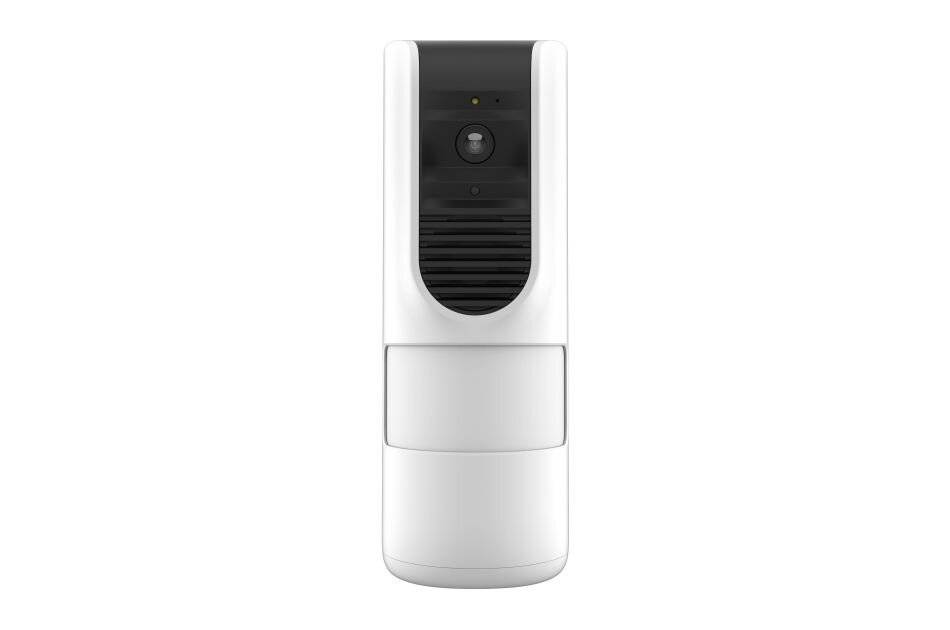 Weiße Video-Türklingel-Kamera mit schwarzem Linsenpanel, Sensor und unterem Batterie- oder Chime-Fach auf einfachem weißem Hintergrund.