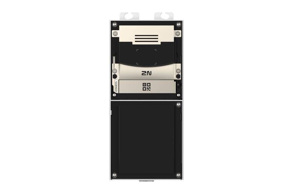 Vorderansicht eines rechteckigen elektronischen Geräts mit einem belüfteten Panel oben, der Nummer 