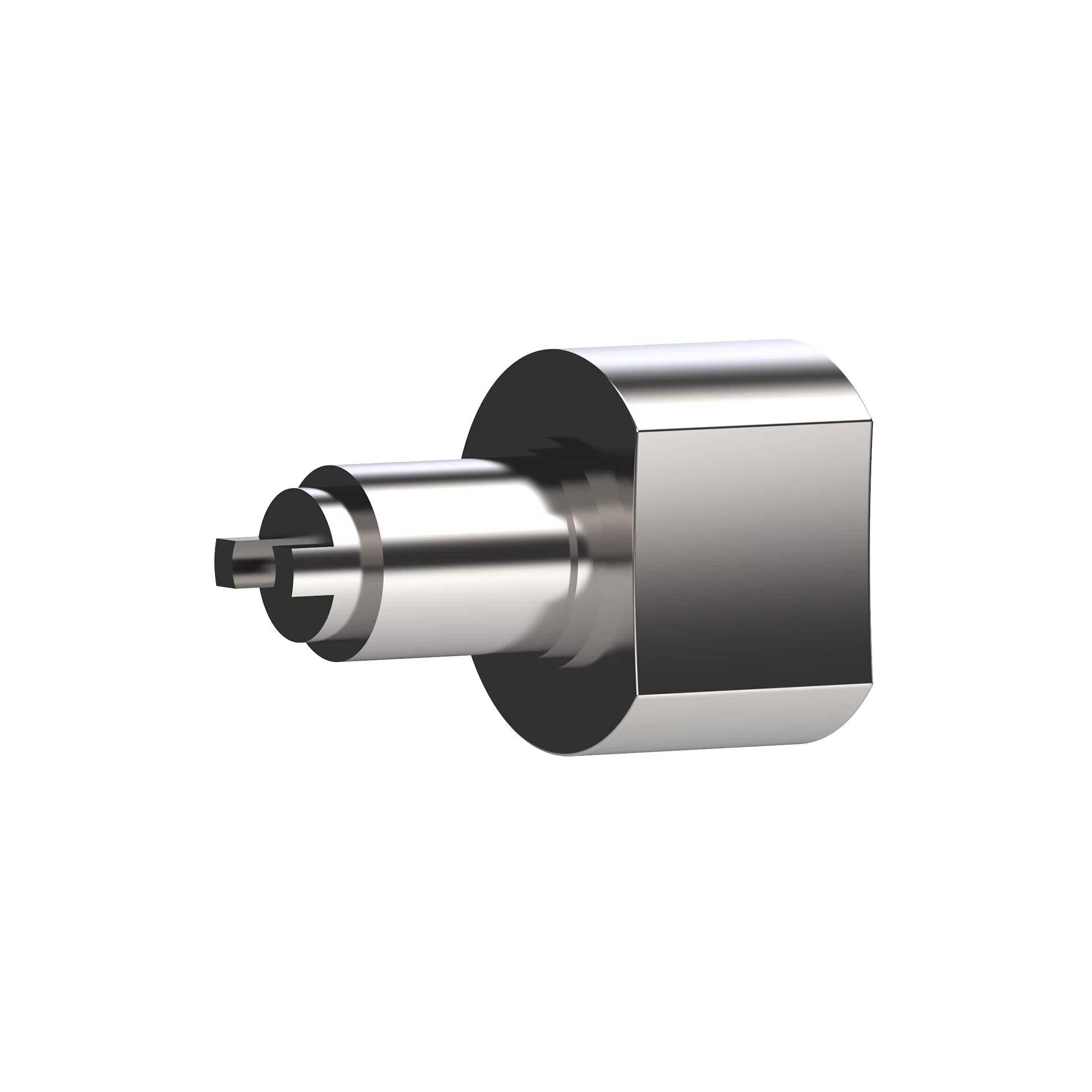 Metallische zylindrische mechanische Komponente mit quadratischer Basis und einer kleinen vorstehenden Welle auf weißem Hintergrund.