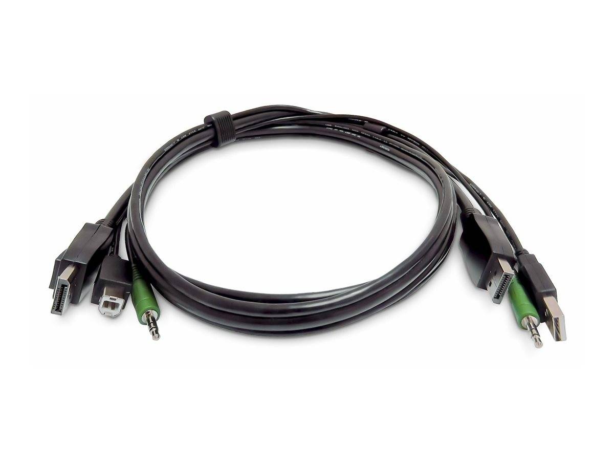 Aufgerolltes schwarzes Audio-Video-Kabel mit mehreren Anschlüssen an jedem Ende, einschließlich HDMI, USB und grünen RCA-ähnlichen Steckern.