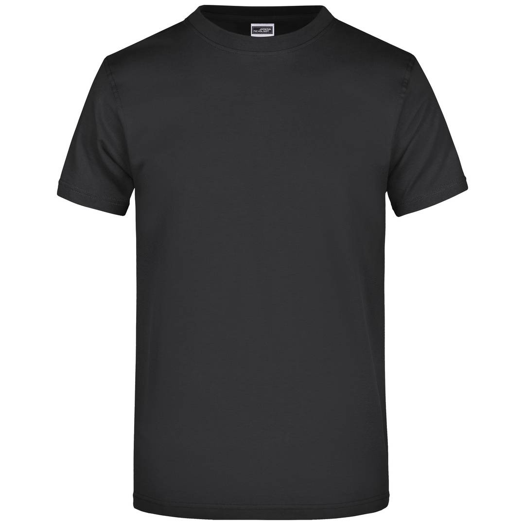Einfaches schwarzes Kurzarm-Crewneck-T-Shirt in Vorderansicht auf weißem Hintergrund.