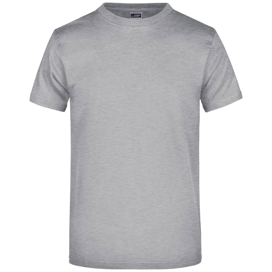 Hellgraues T-Shirt mit Kurzärmeln und Rundhalsausschnitt, von vorne auf weißem Hintergrund dargestellt.