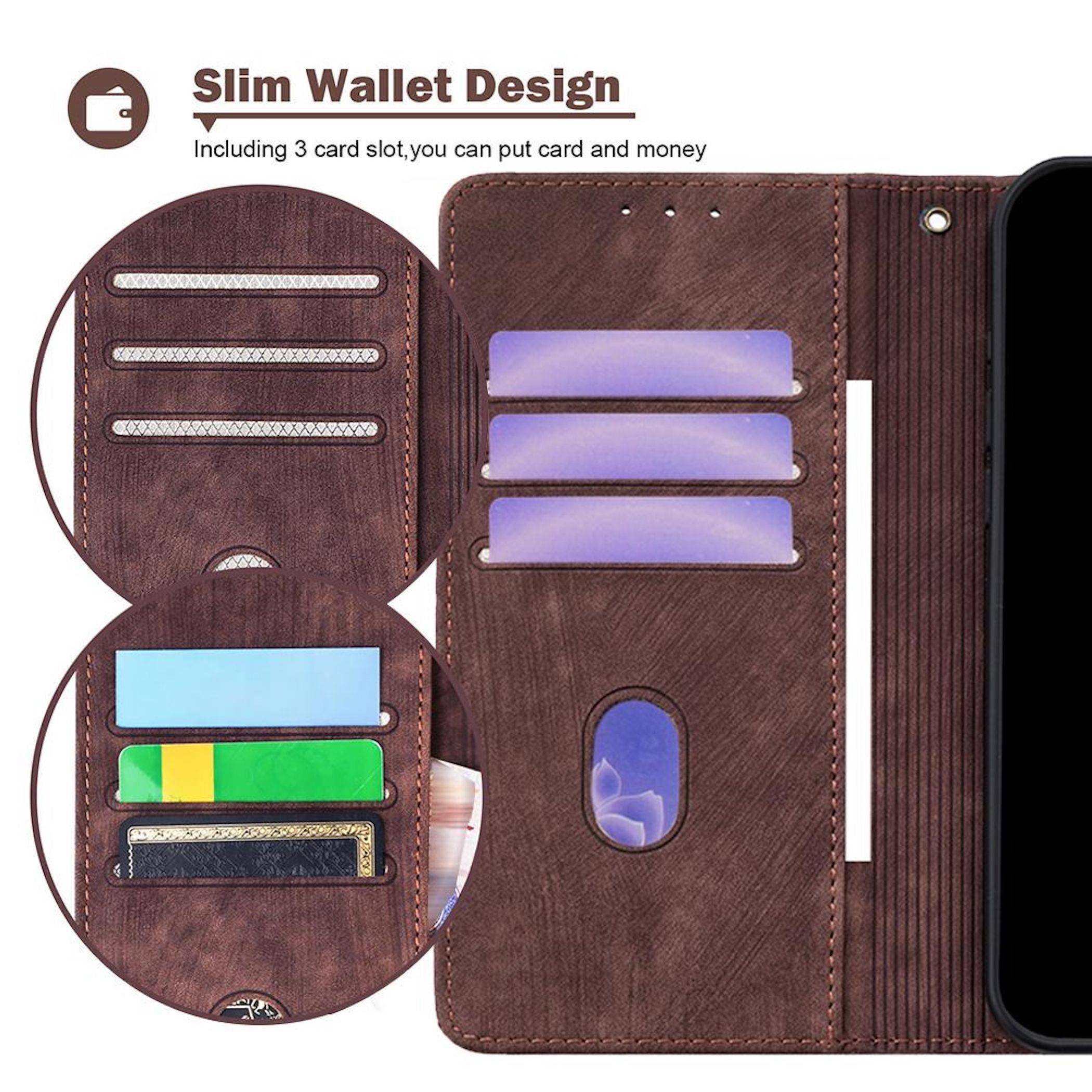 Braunes schlankes Geldbörsendesign mit Kartensteckplätzen, Geldscheinfach und Handytasche, mit der Beschriftung „Slim Wallet Design