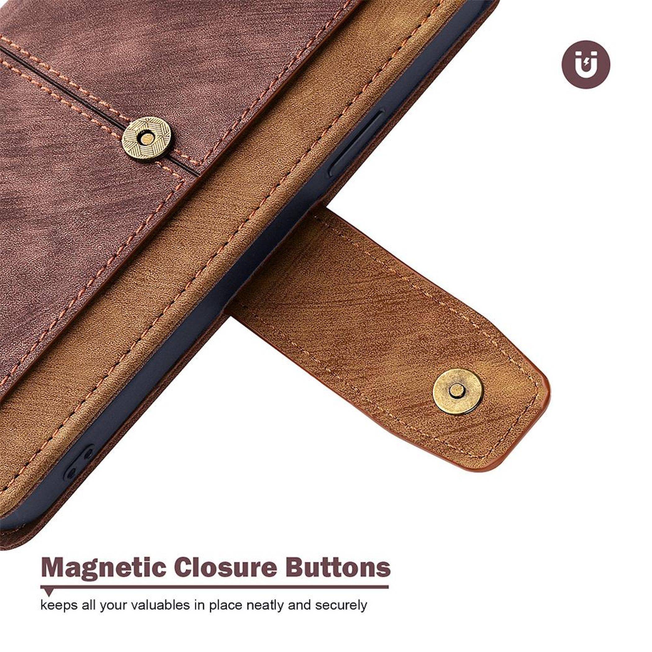 Nahaufnahme einer Leder-Tablet- oder Laptop-Schutzhülle mit magnetischer Klappenverriegelung, beschriftet mit „Magnetische Verschlusstasten