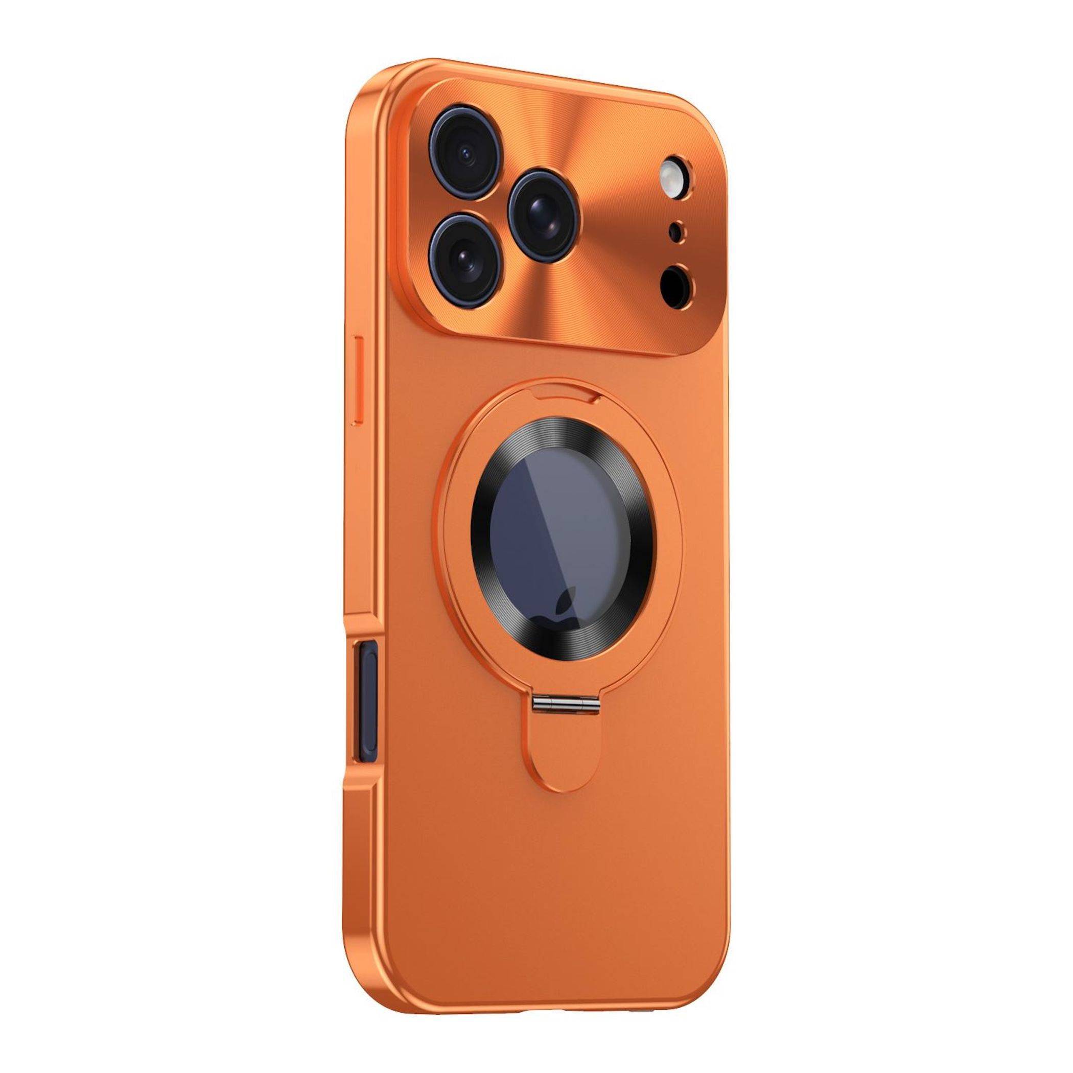 Orange Smartphone-Hülle mit drei Aussparungen für die hintere Kamera und einem großen kreisförmigen Magnetring-Halter auf der Rückseite.