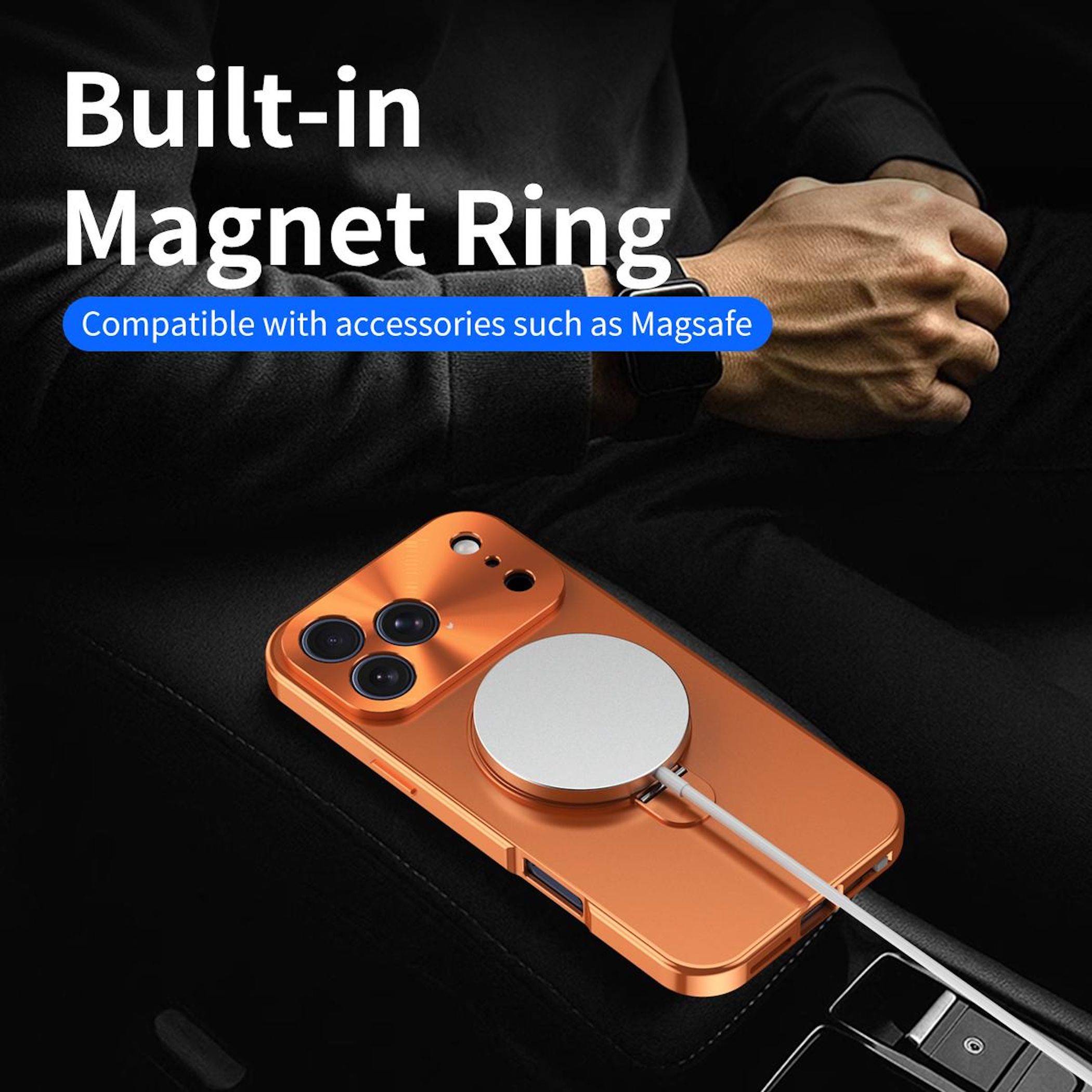 Oranges Smartphone mit integriertem Magnetring, das an einem magnetischen Ladegerät befestigt ist, mit dem Text „Integrierter Magnetring
