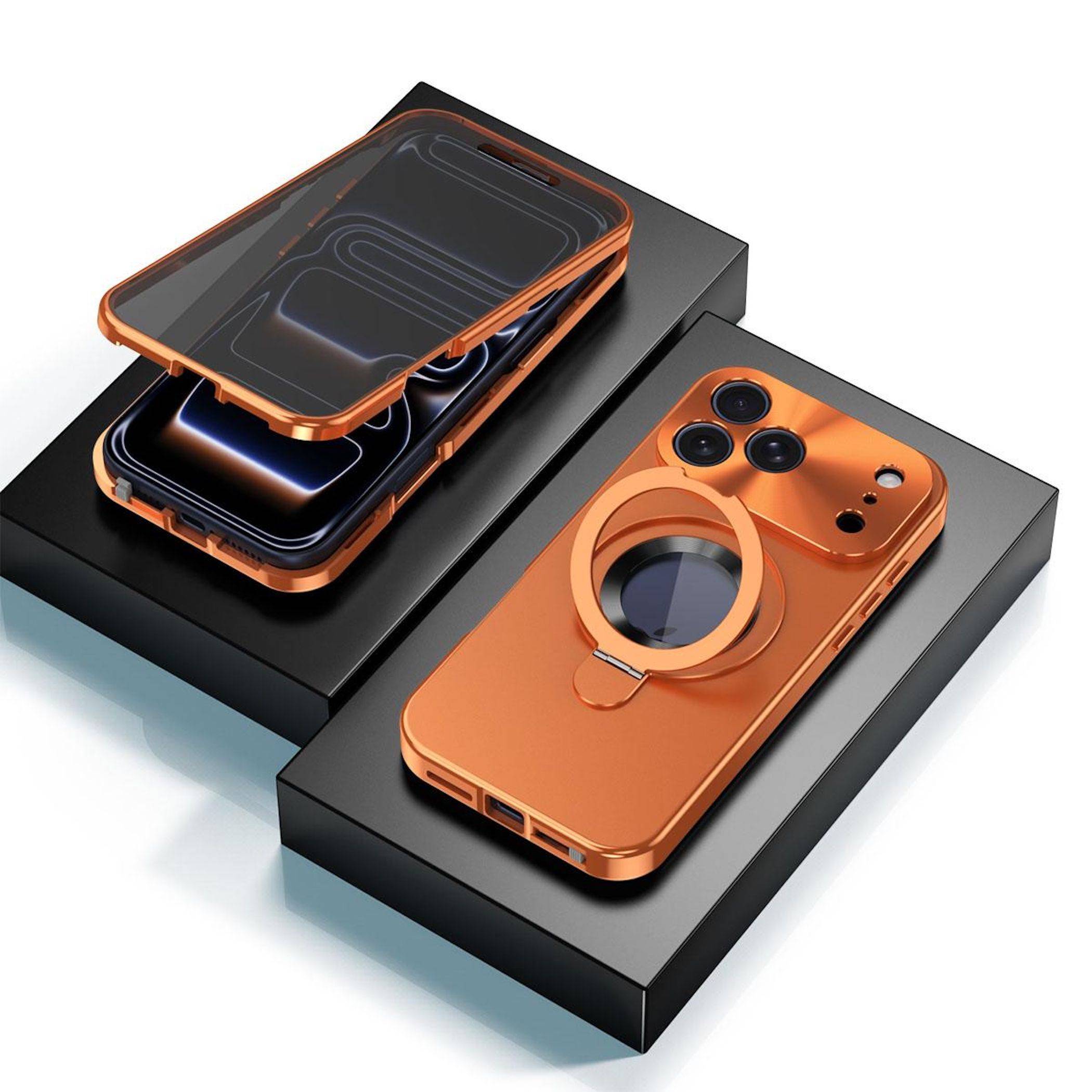 Zwei orangefarbene Smartphone-Hüllen auf schwarzen Kartons, eine offen in Schichten und eine geschlossen mit einer großen kreisförmigen Ringhalterung auf der Rückseite.