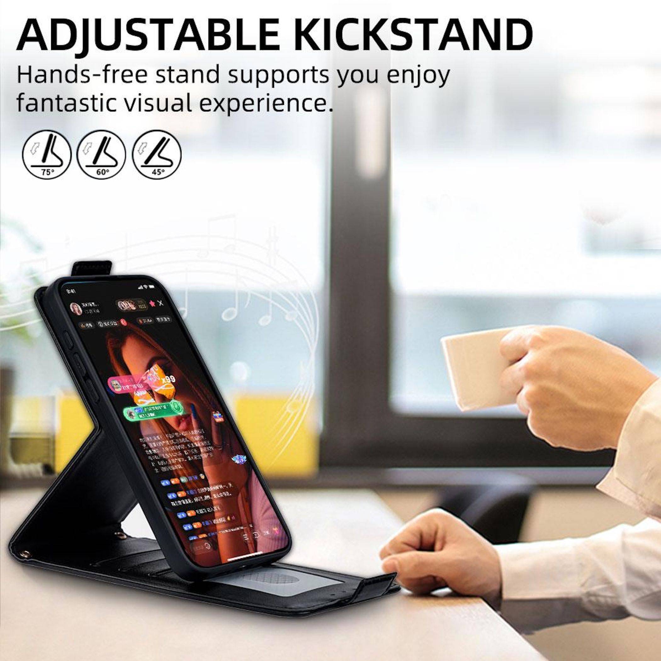 Bewerbungsbild eines verstellbaren Handystands, der ein Smartphone aufrecht auf einem Schreibtisch hält, mit Text 