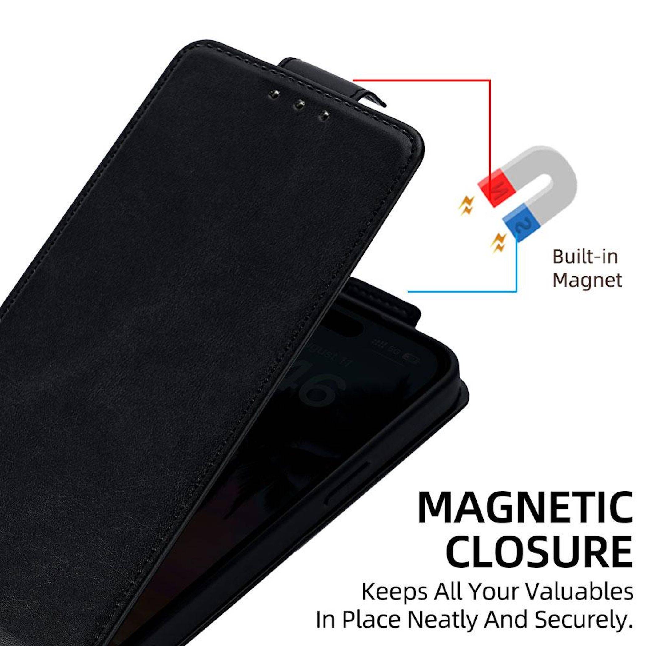 Schwarze Telefon-Geldbörse mit geöffnetem Gehäuse, eingebautem Magnet, mit den Bezeichnungen 