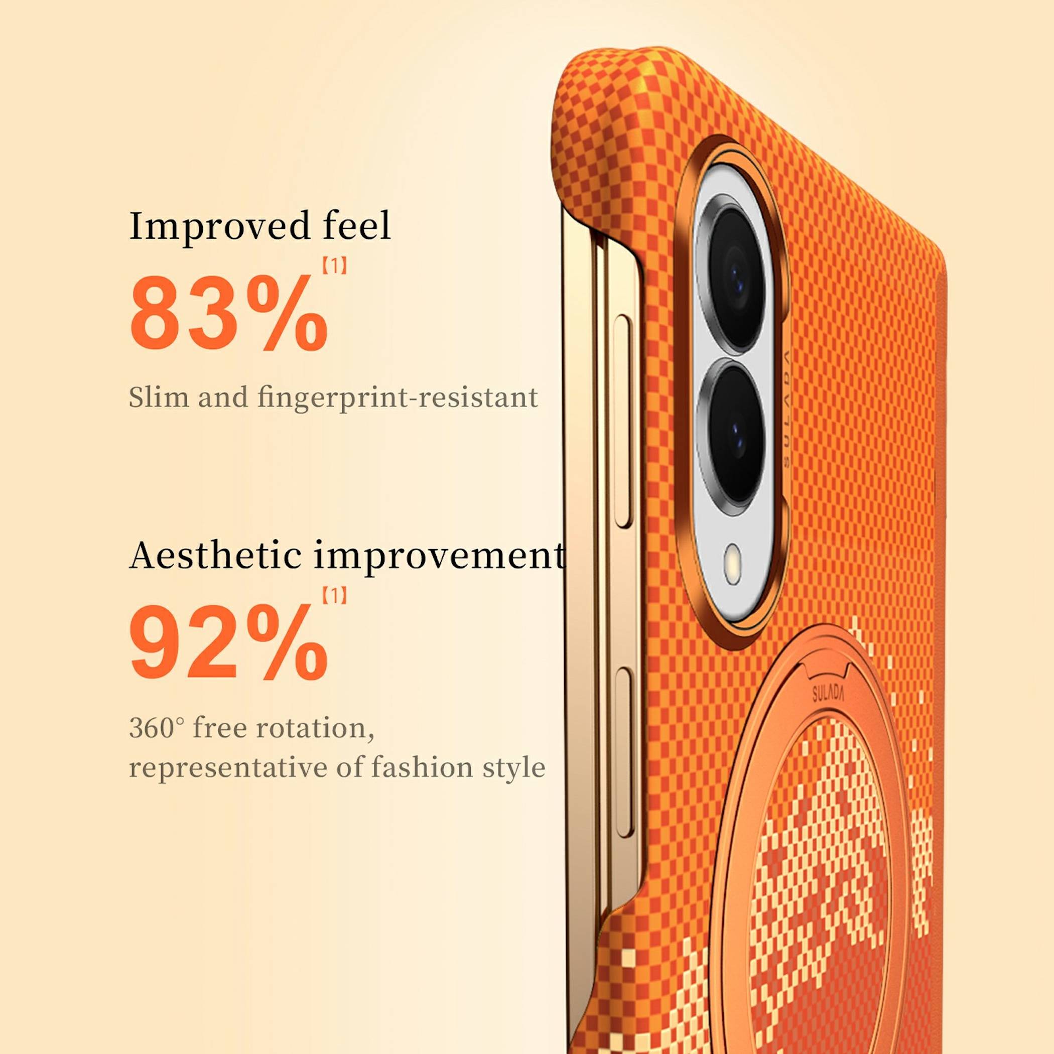 Orange kariertes iPhone-Schutzhülle-Angebot mit „83% verbessertes Gefühl