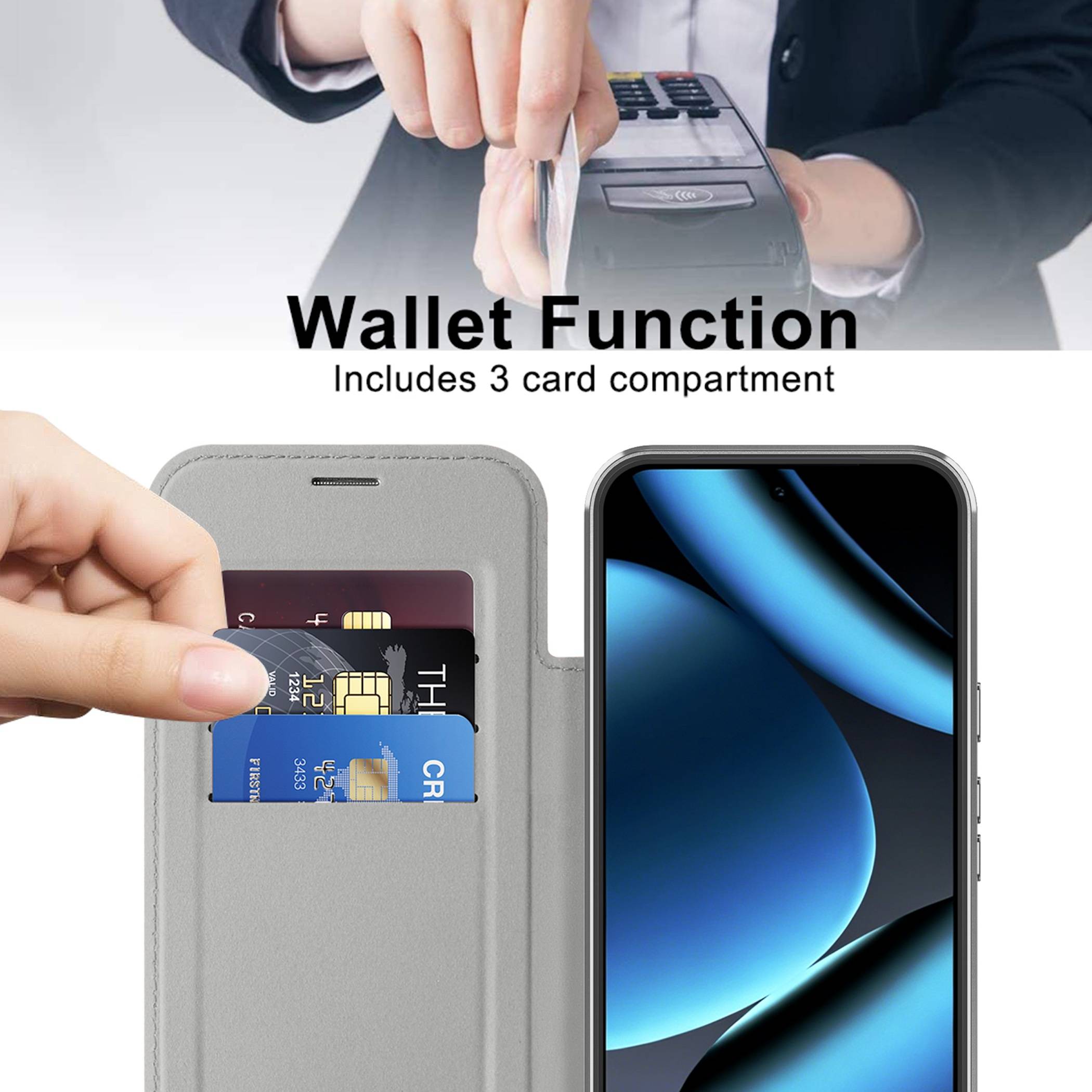 Handy-Geldbörsen-Etui mit drei Kartensteckplätzen, abgebildet mit Karten neben einem Smartphone; Text lautet „Geldbörsen-Funktion