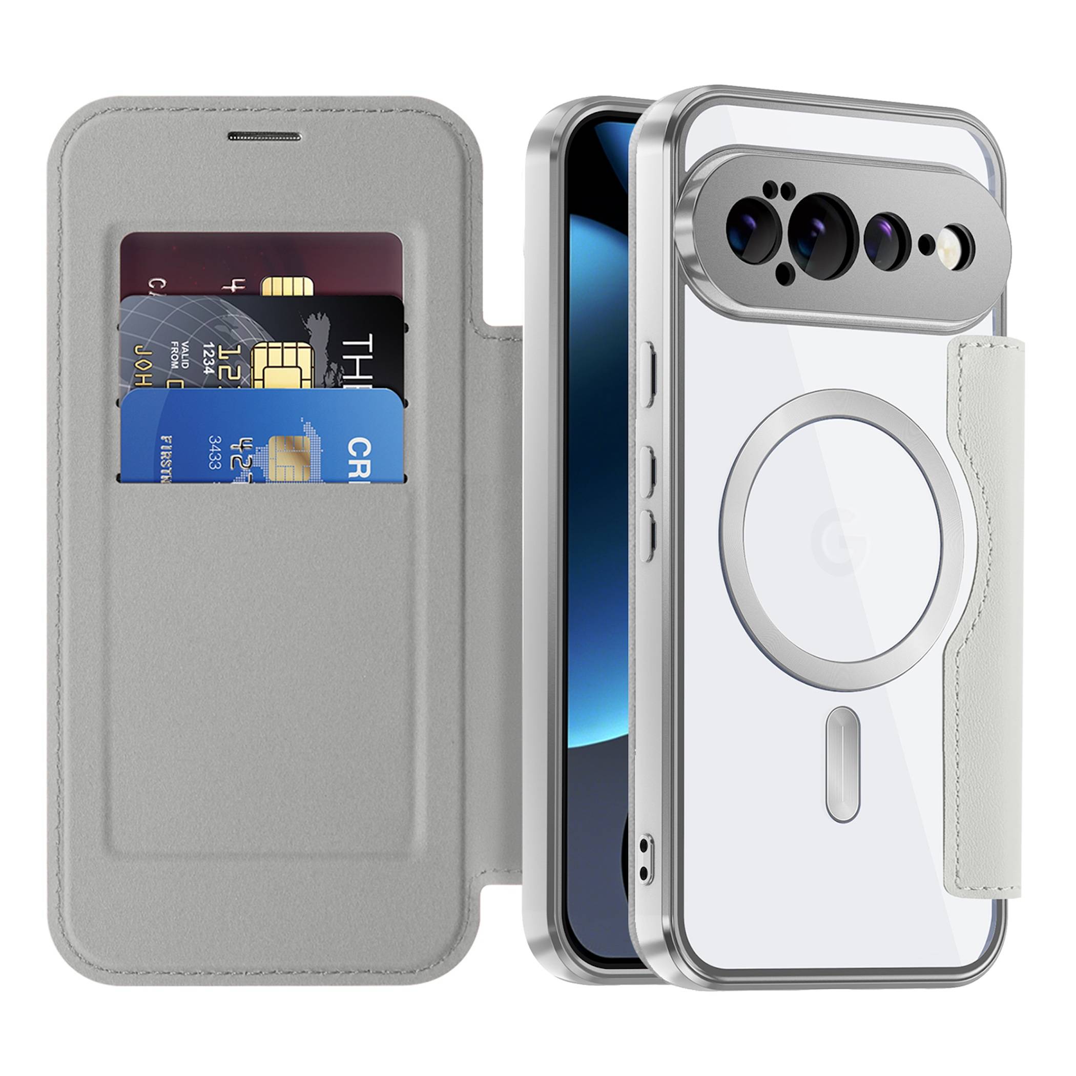 Grauer aufklappbarer Handycover mit Kartensteckplätzen und magnetischem Verschluss, aufgeklappt neben einem Smartphone mit durchsichtiger MagSafe-ähnlicher Rückseite dargestellt.