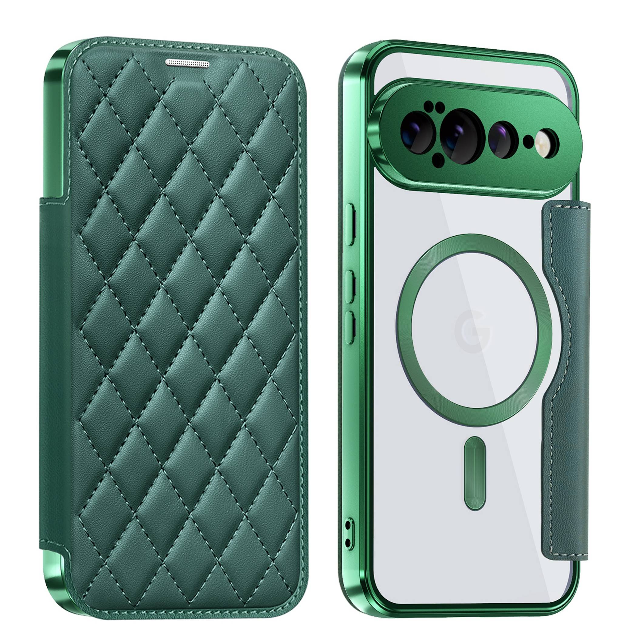 Grüne gesteppte Handyhülle mit umklappbarer Seitenlasche, von vorne und hinten auf einem Smartphone mit MagSafe-Ringausschnitt und erhobenem Kamerasschutz dargestellt.