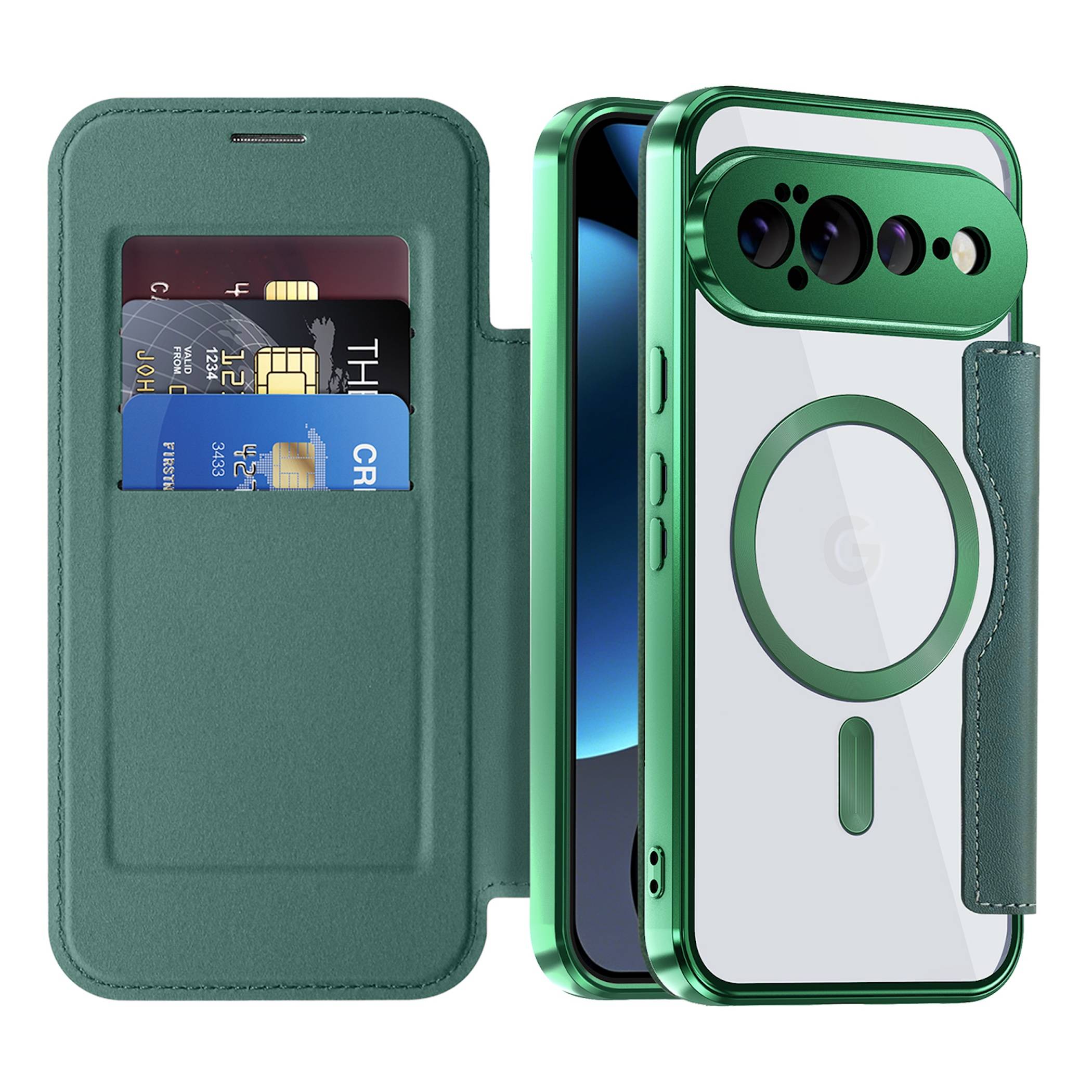 Grüne Folio-Handyhülle mit Kartensteckplätzen, offen dargestellt neben einer passenden Smartphone-Hülle mit Kameraausschnitt und kreisförmigem MagSafe-ähnlichem Ring.