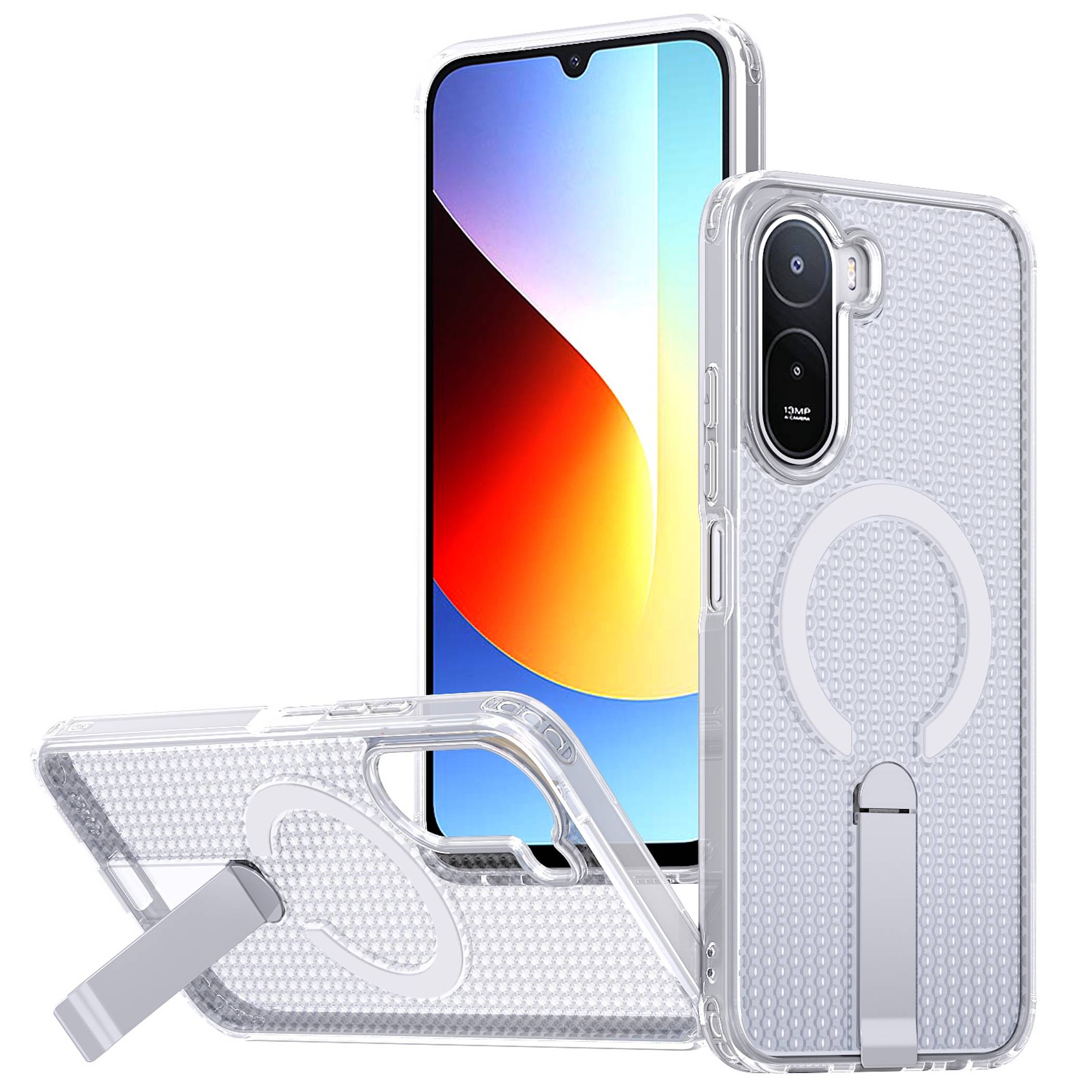 Transparente Handyhülle mit integriertem ausklappbarem Ständer, dargestellt mit einem Smartphone, Vorder- und Rückansicht.