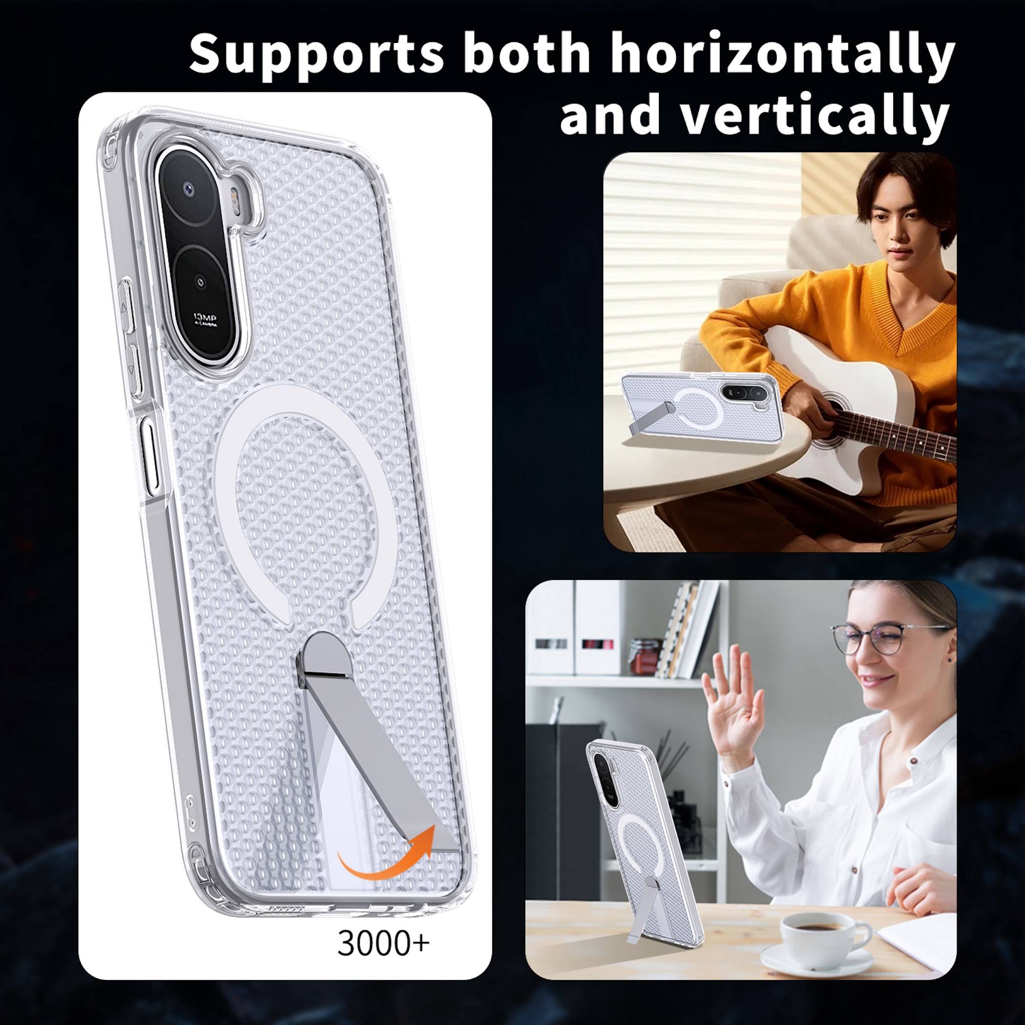 Werbebild eines durchsichtigen Handyschutzes mit integriertem Ständer, mit der Beschriftung „Unterstützt sowohl horizontal als auch vertikal