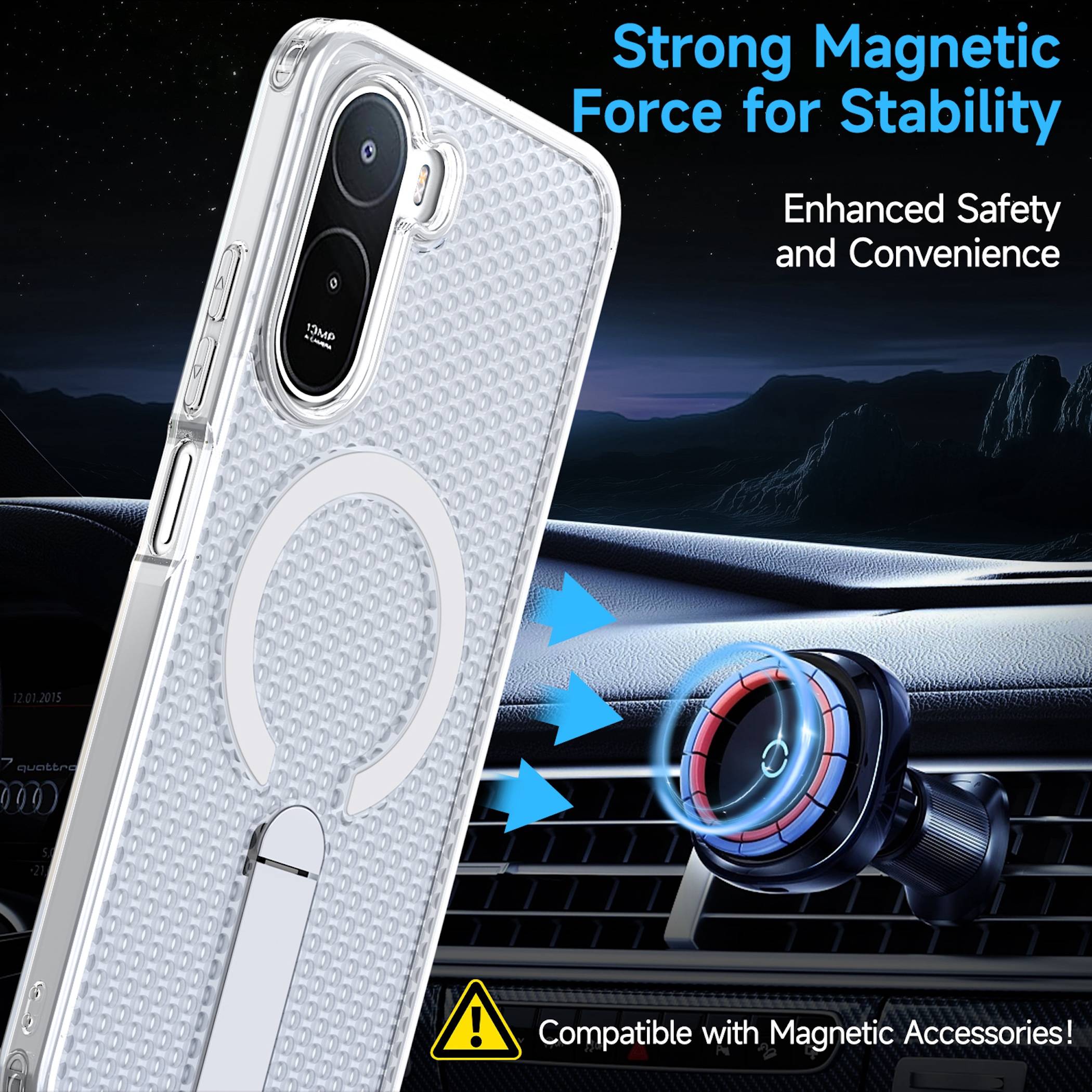 Handyhülle mit integriertem MagSafe-Ring, dargestellt auf einer Autolüftungshalterung, die starke magnetische Stabilität und Kompatibilität mit magnetischen Zubehörteilen unterstreicht.