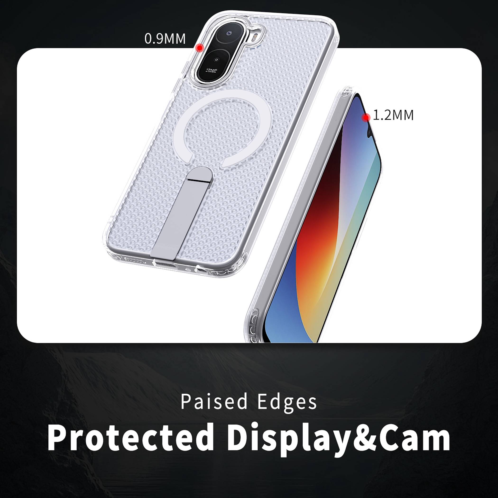Illustration einer klaren Handyhülle mit erhöhten Kanten zum Schutz des Displays und der Kamera, mit den Beschriftungen 0,9 MM und 1,2 MM und dem Text „Paise Edges Protected Display&Cam