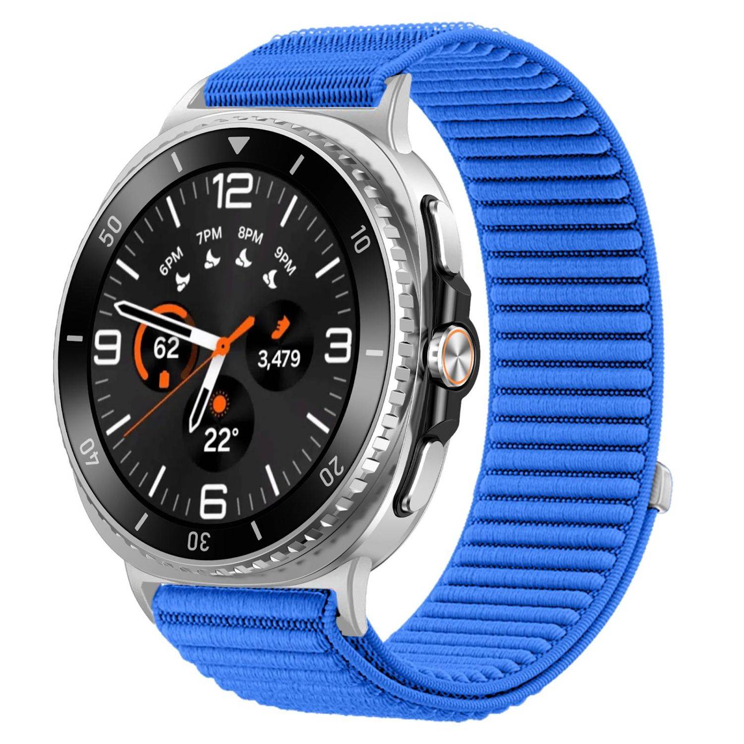 Blaugebänderter Smartwatch mit rundem schwarzem Digitalbildschirm, der die Uhrzeit, Herzfrequenz, Schritte und Wetterdaten anzeigt.