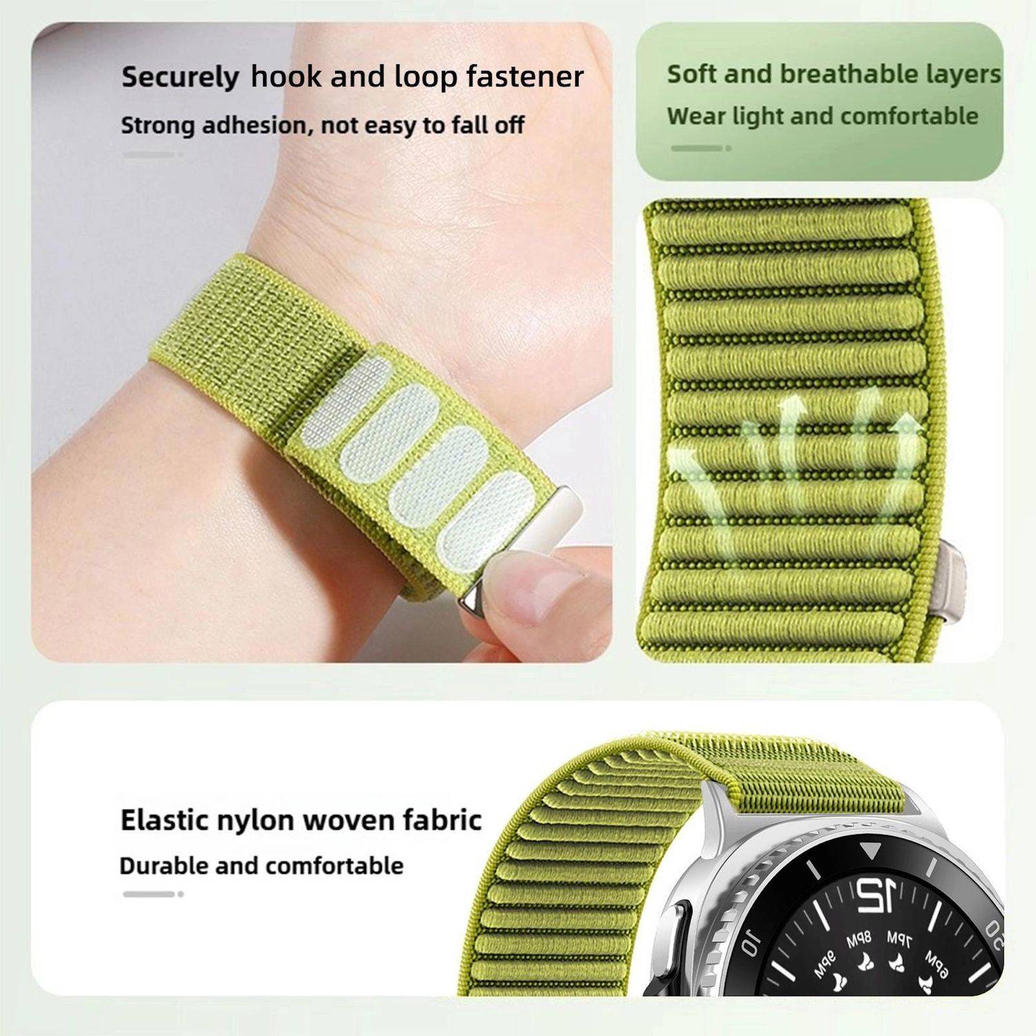 Werbebild eines grünen gewebten Uhrenarmbands an einem Handgelenk und einer Uhr, das die Klettverschluss-Befestigung, atmungsaktive Schichten und elastischen Nylonstoff hervorhebt.