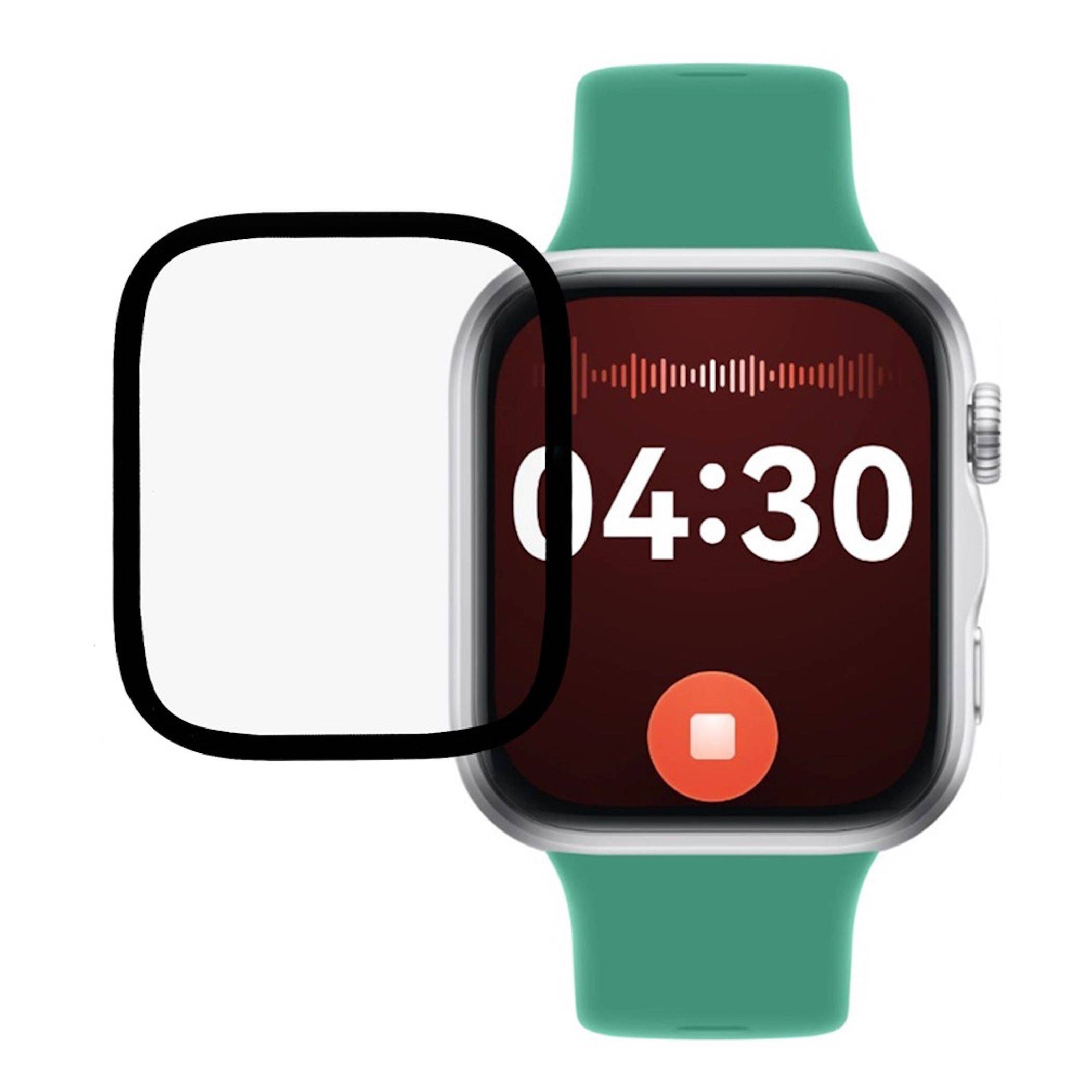 Apple Watch mit grünem Band, das einen 4:30-Timer-/Aufnahmebild anzeigt, und eine rote Stoppschaltfläche; großer schwarzer abgerundeter Quadratrahmen auf der linken Seite