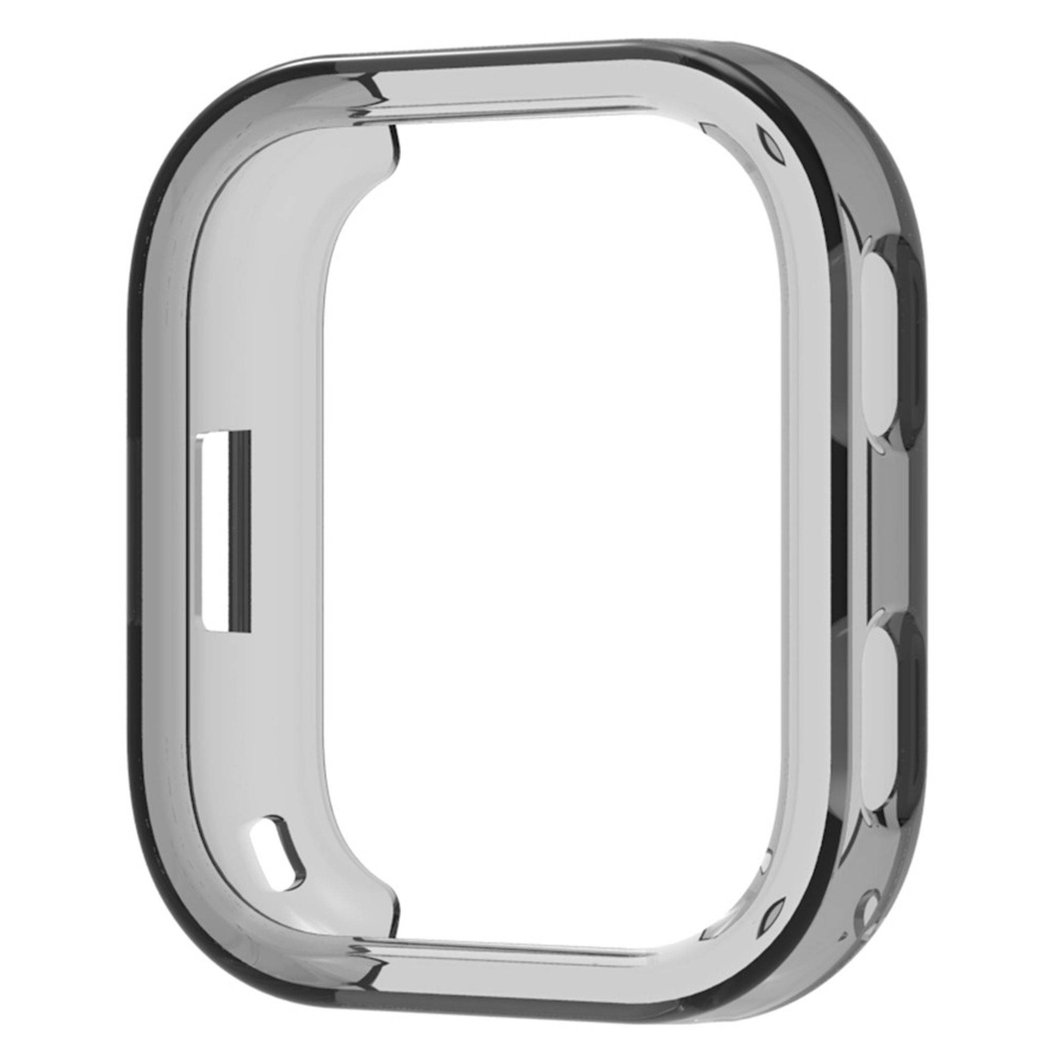 Silberner metallischer Schutzbehälter für eine rechteckige Smartwatch, isoliert auf weißem Hintergrund dargestellt.