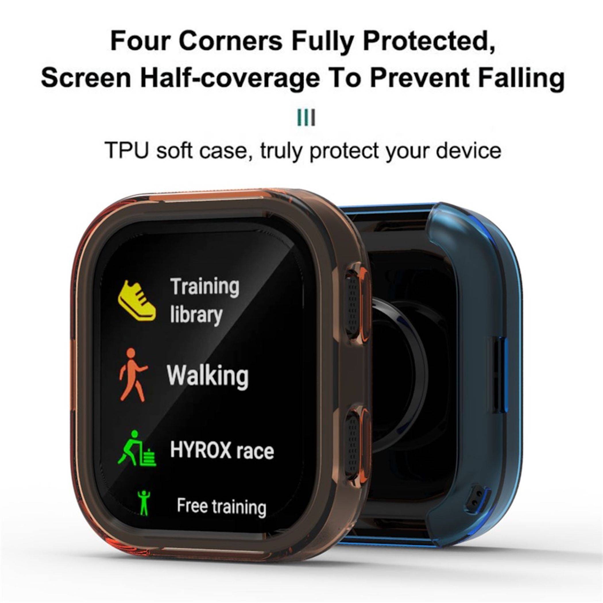 Werbebild von zwei robusten Smartwatch-Schutzhüllen mit Text, der vollständigen Eckenschutz, halbe Displayabdeckung und TPU-Weichhüllenschutz für Training, Wandern und HYROX-Rennnutzung hervorhebt.
