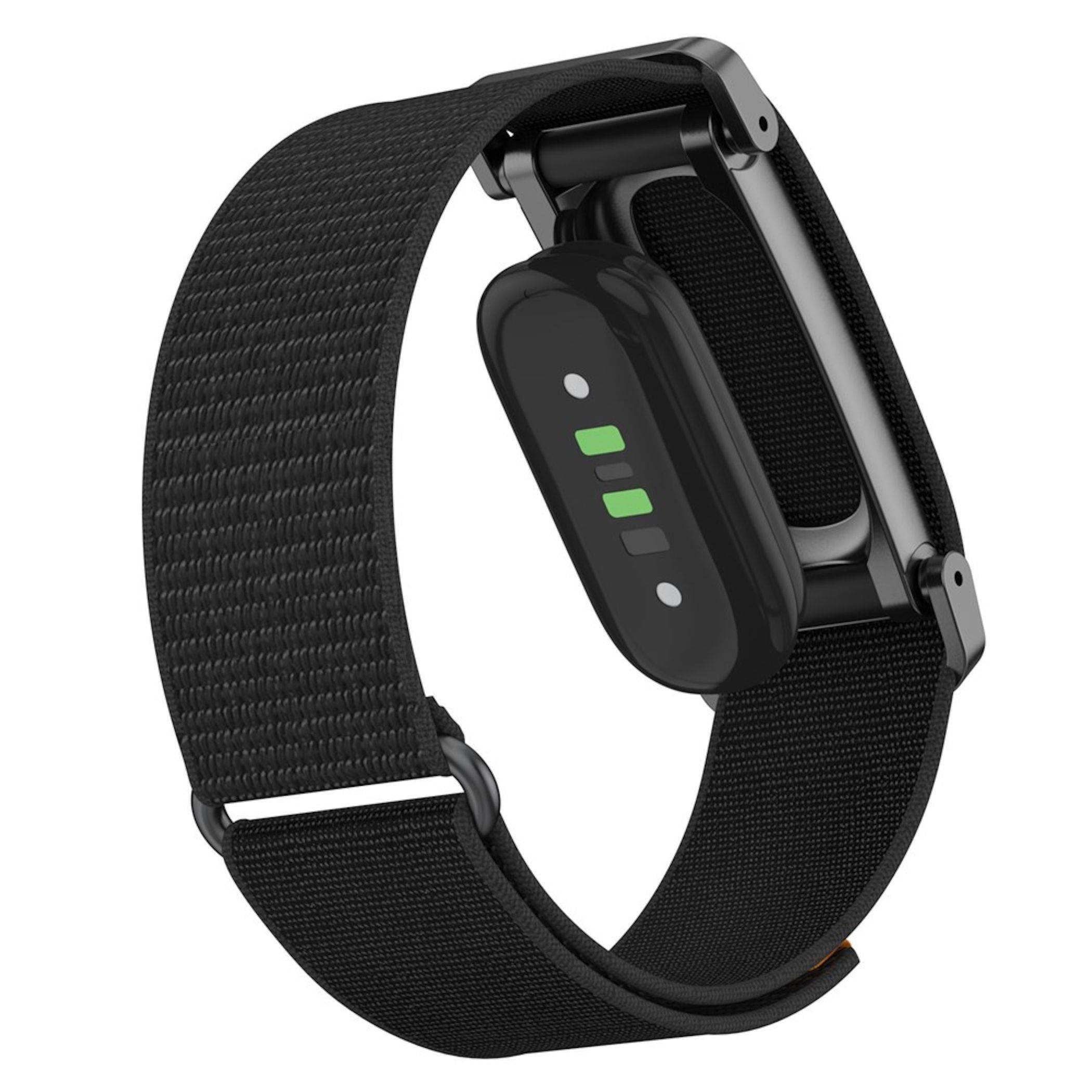 Schwarzes Fitness-Tracker-Armband mit gewebtem Riemen und abnehmbarem ovalem Sensormodul mit Batterieindikatoren