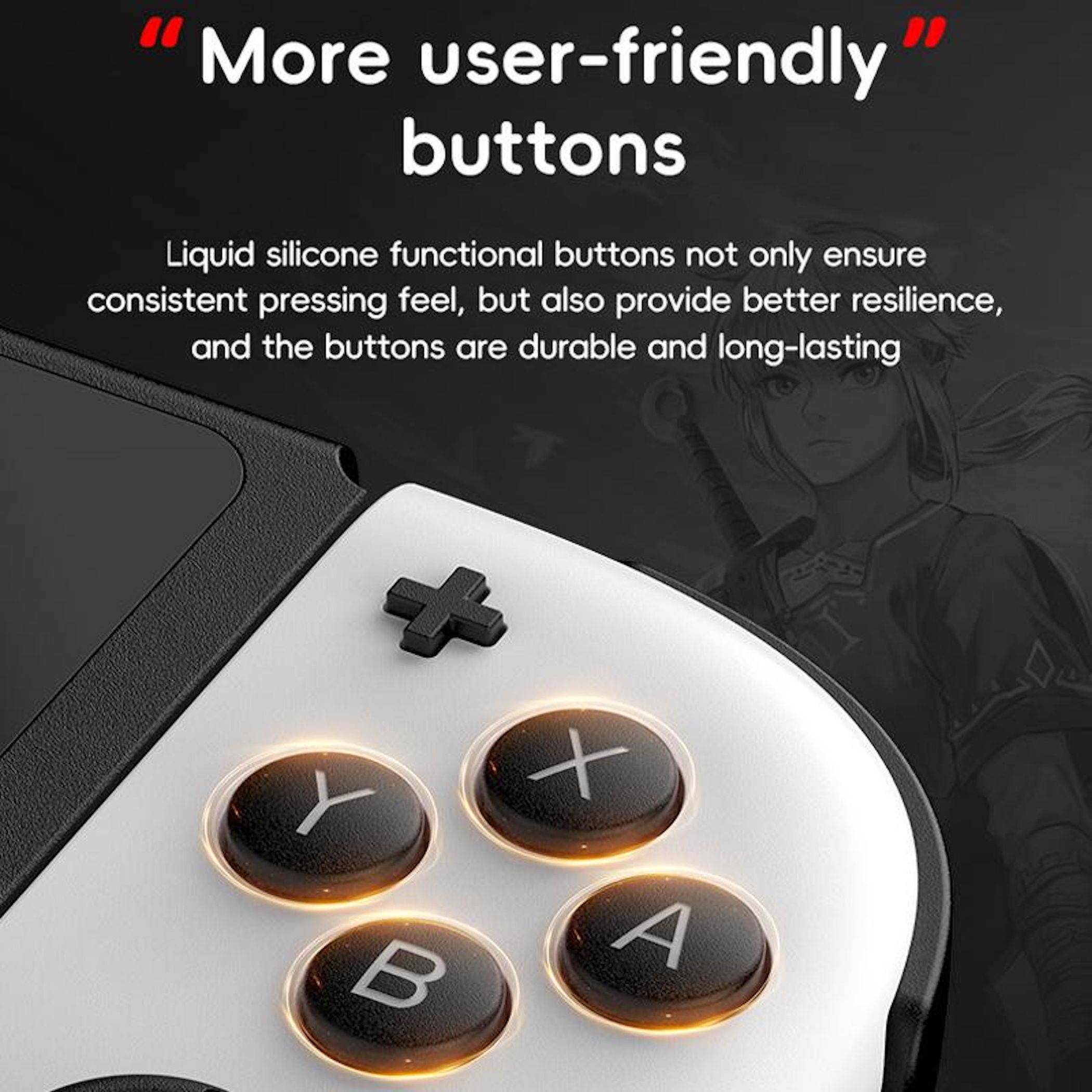 Spielecontroller in Großaufnahme mit Hervorhebung von "Benutzerfreundlicheren Tasten"" und Flüssigsilikon-Tasten mit beleuchteten A-, B-, X-, Y- und D-Pad-Tasten.