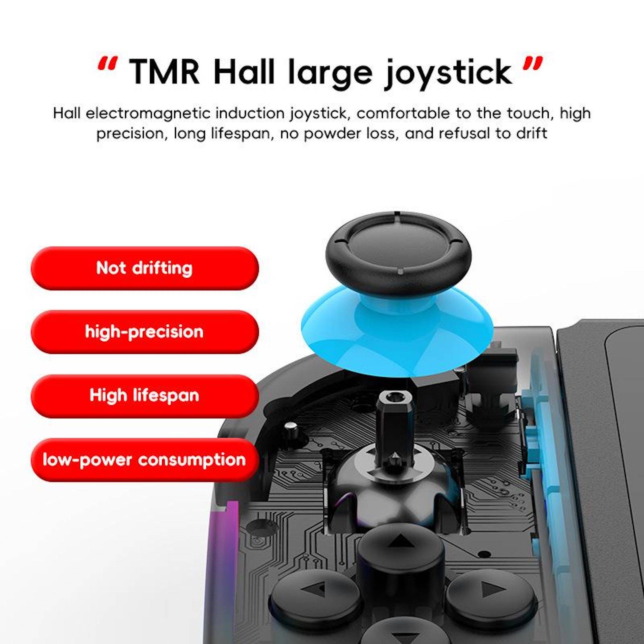 Produktgrafik eines „TMR Hall großen Joysticks" mit einem Joystick-Modul und folgenden Kennzeichnungen: kein Driften, hohe Präzision, lange Lebensdauer, niedriger Stromverbrauch.