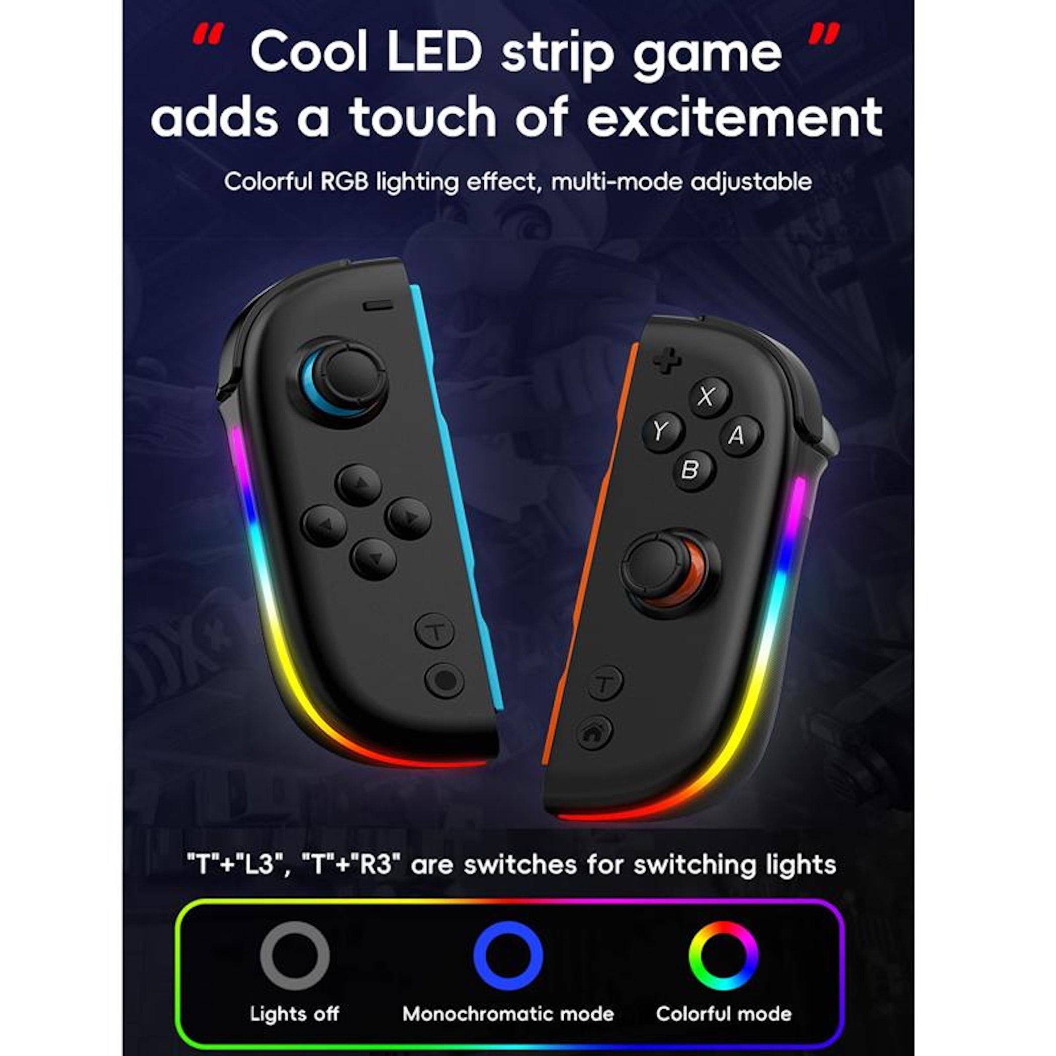 Werbebild zweier Nintendo Switch Joy-Con-Controller mit RGB-LED-Streifen, das die Lichter aus, den Monochrom-Modus und den farbenfrohen Modus zeigt.