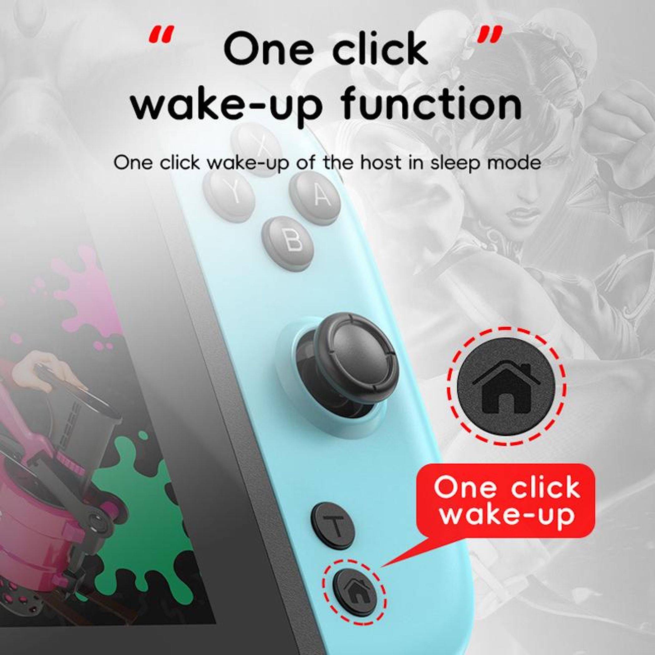 Werbegrafik eines Controllers mit der Funktion „One-Click-Wake-up"; hebt eine Home-Taste hervor und zeigt den Text „One-Click-Wake-up des Hosts im Schlafmodus"".