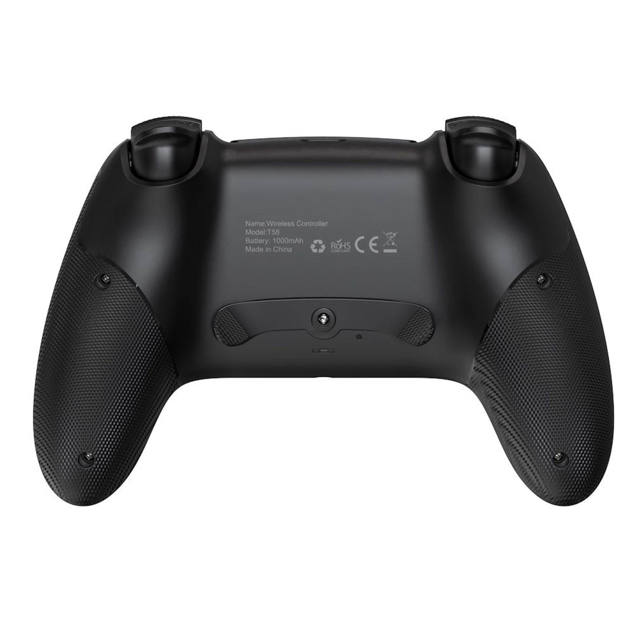 Rückseite eines schwarzen kabellosen Spielcontrollers mit strukturierten Griffen, Schulterschaltern und zentralem Produktetikett auf weißem Hintergrund.