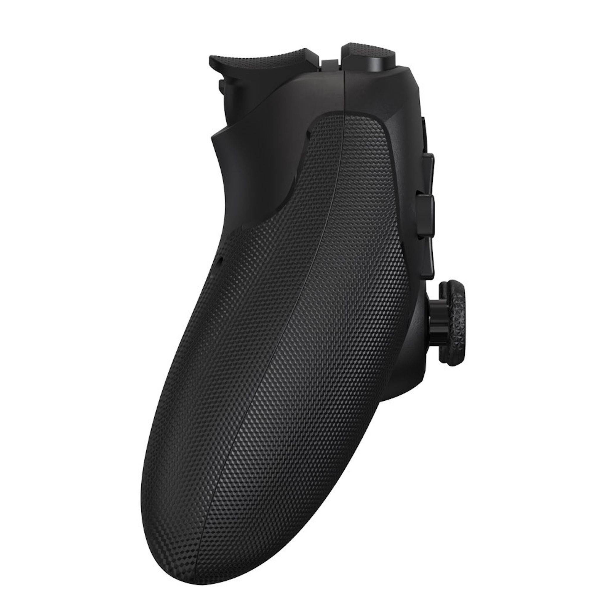 Schwarzer strukturierter ergonomischer Pistolengriff isolated auf weißem Hintergrund, in Seitenansicht gezeigt.