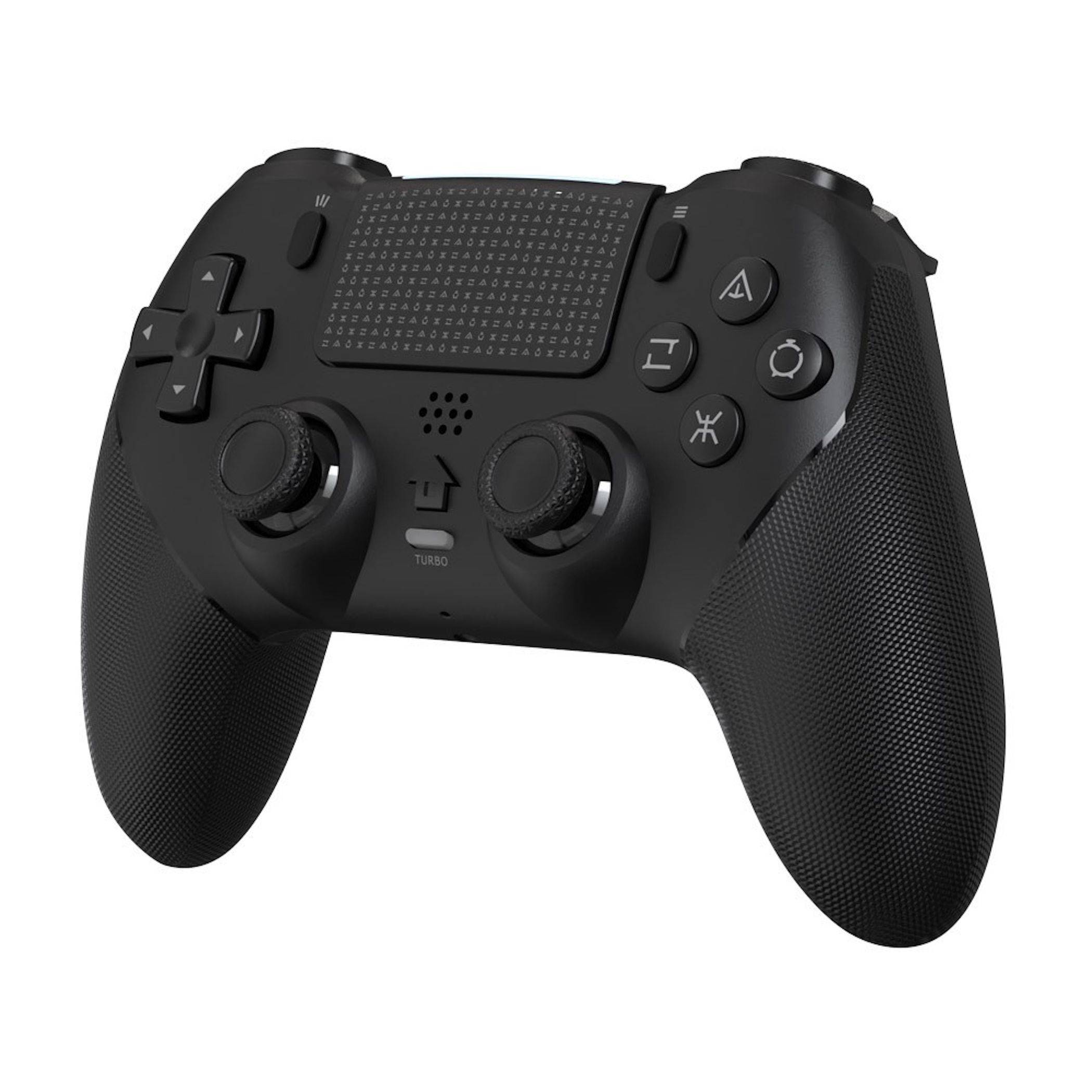 Schwarzer kabellosen Spielcontroller mit zwei Joysticks, D-Pad, Aktionstasten und strukturierten Griffen auf einem schlichten weißen Hintergrund.