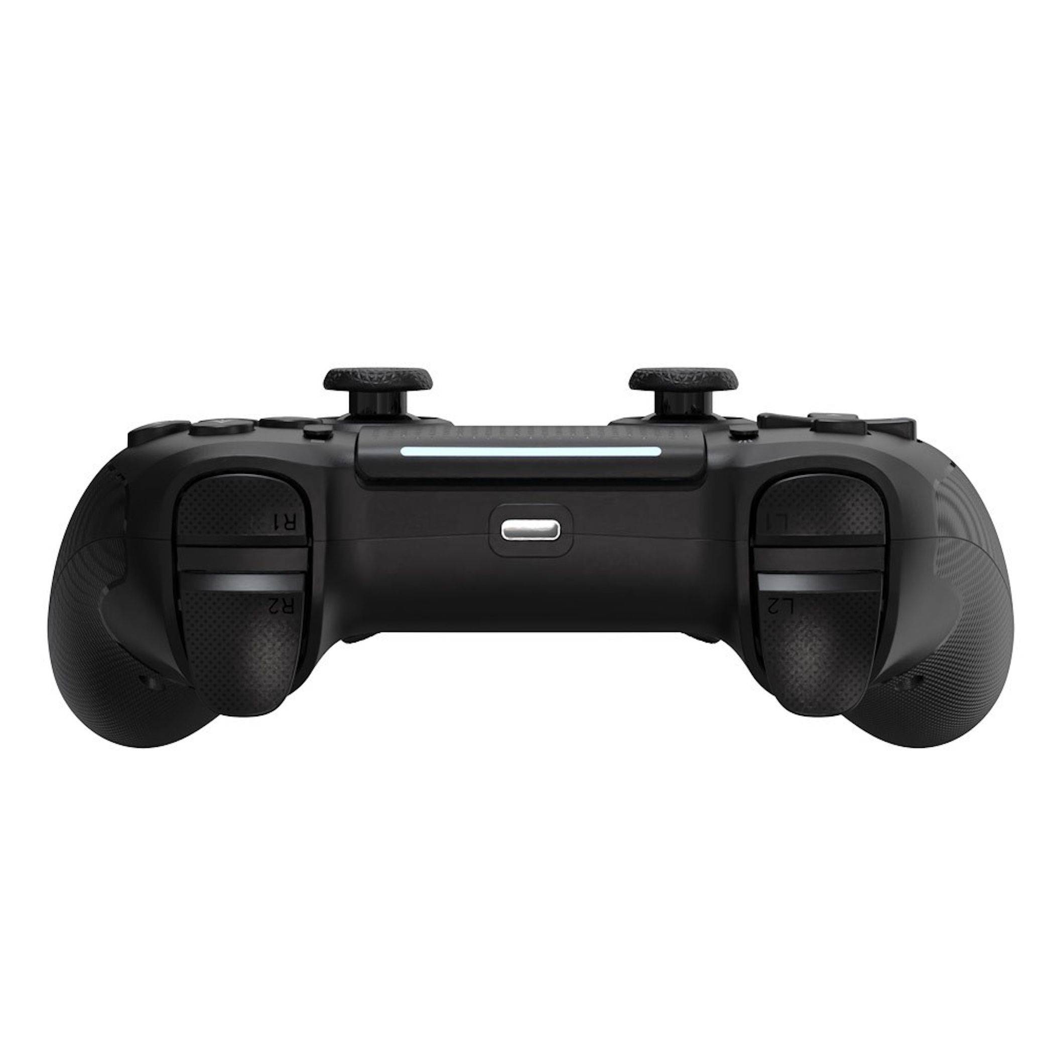 Schwarzer Spielcontroller im PlayStation-Stil, von vorne gezeigt, mit dualen analogen Sticks, Steuerkreuz, Tasten und zentralem Touchpad-Bereich auf weißem Hintergrund.