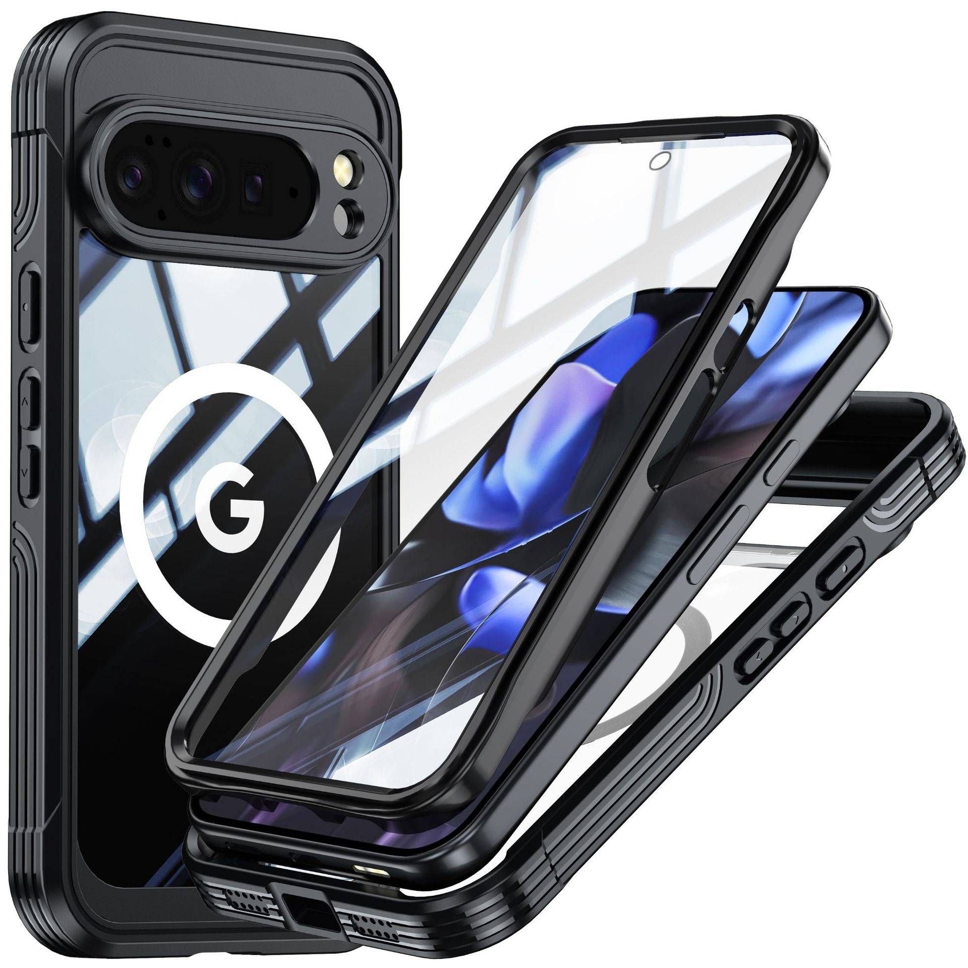 Schwarze robuste Smartphone-Schutzhülle mit transparentem Rücken und erhöhtem Kameraschutz, explodiert dargestellt, um die geschichteten Vorder- und Rückseiten-Abdeckungsteile zu zeigen.