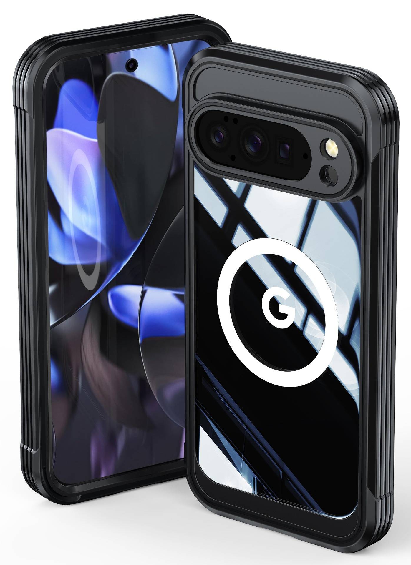 Zwei schwarze Smartphones in robusten Schutzhüllen, eines mit Vorderseite und kreisförmigem G-Logo auf dem Bildschirm und eines mit dem hinteren Kameramodul.