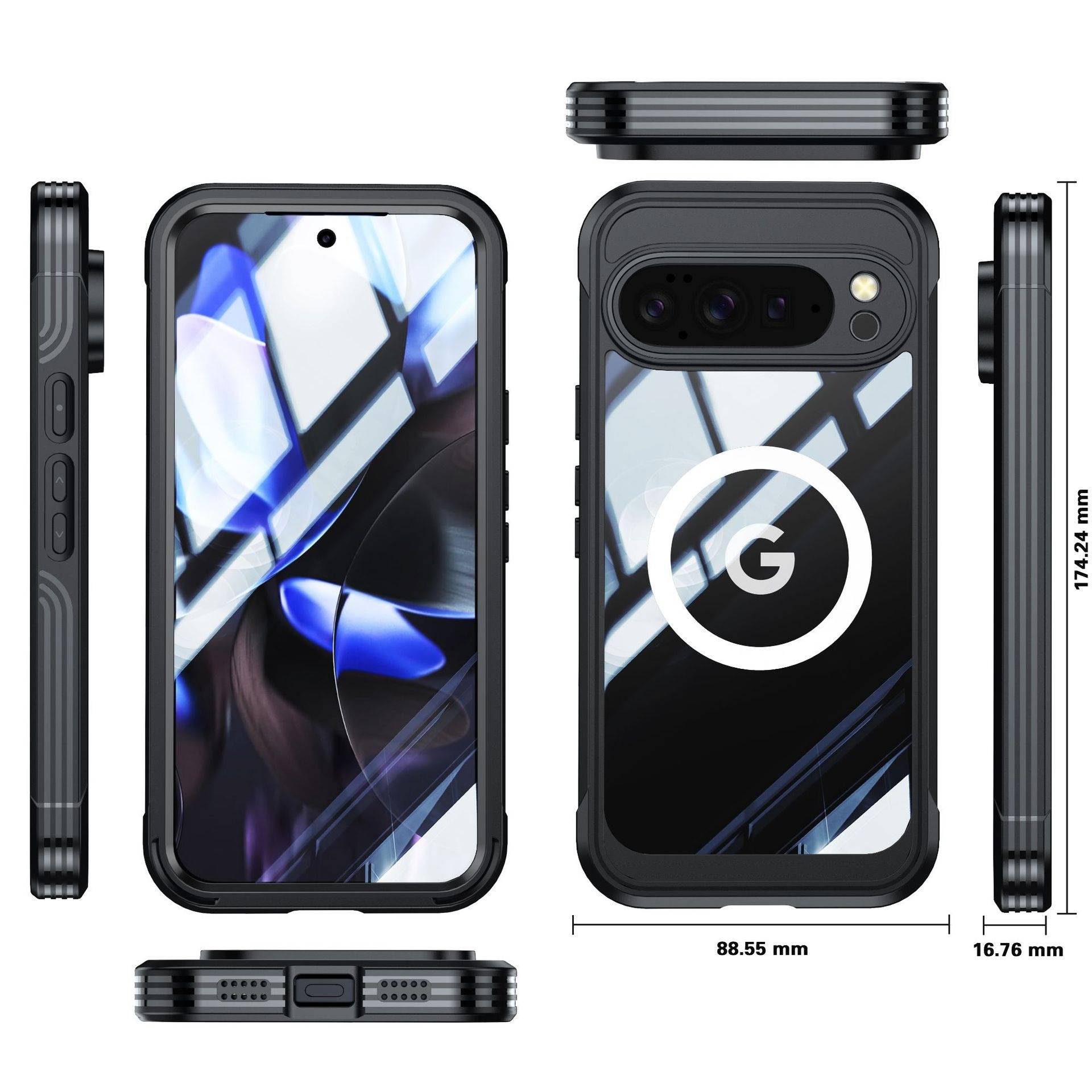 Drei-Ansicht-Produktbild einer robusten schwarzen Handyhülle mit magnetischem Ring und Kamerabuckel, gezeigt auf einem Smartphone mit den Abmessungen 88,55 mm Breite und 174,24 mm Höhe.