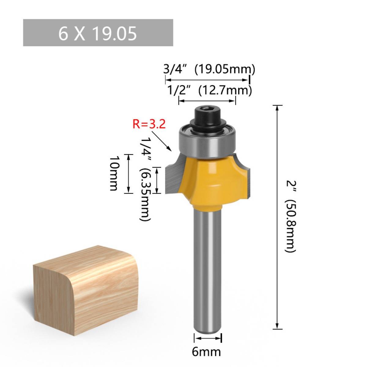 Dimensioniertes Fräsermesser-Diagramm mit der Bezeichnung „6 x 19,05